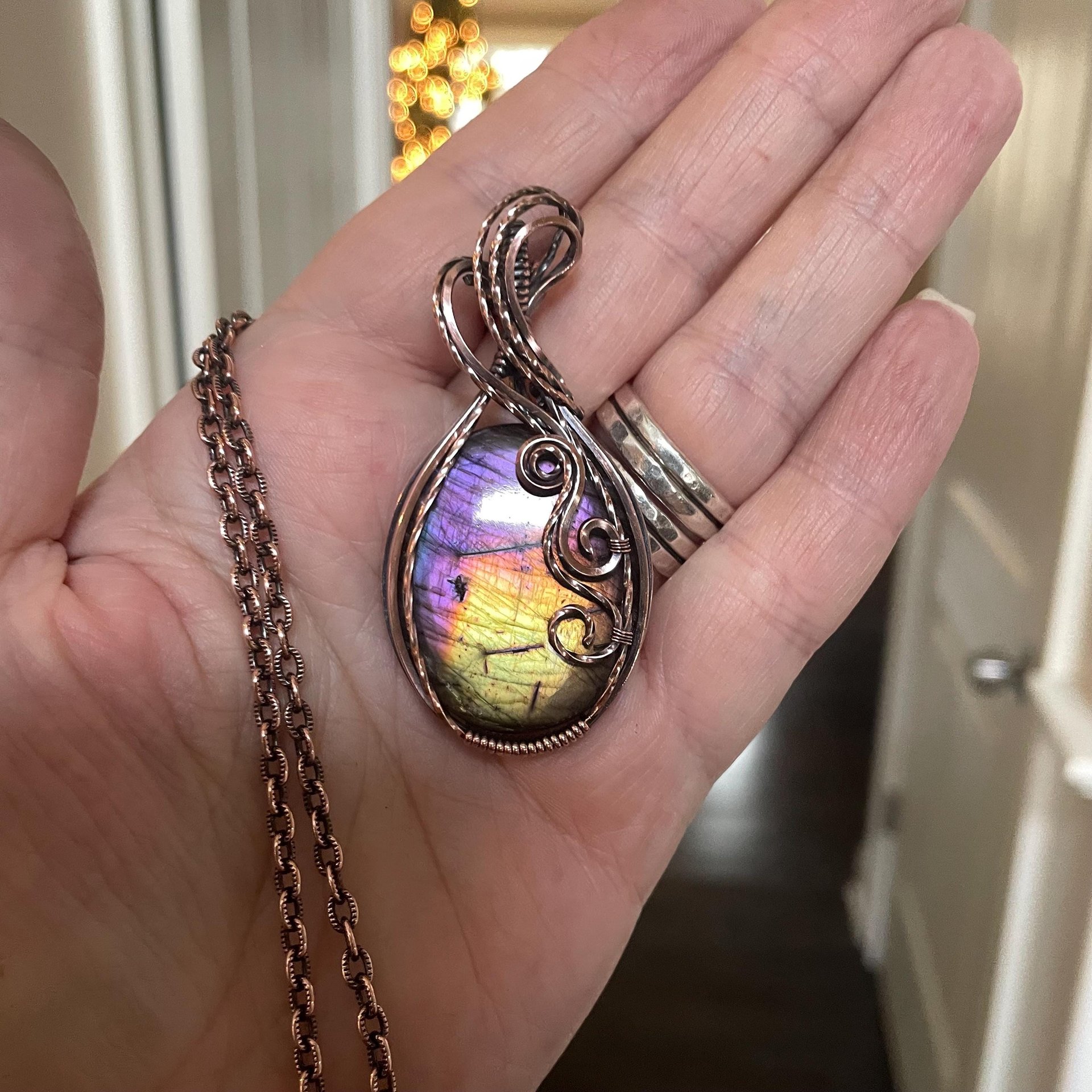 Rainbow Labradorite Oval Swirly Copper Pendant