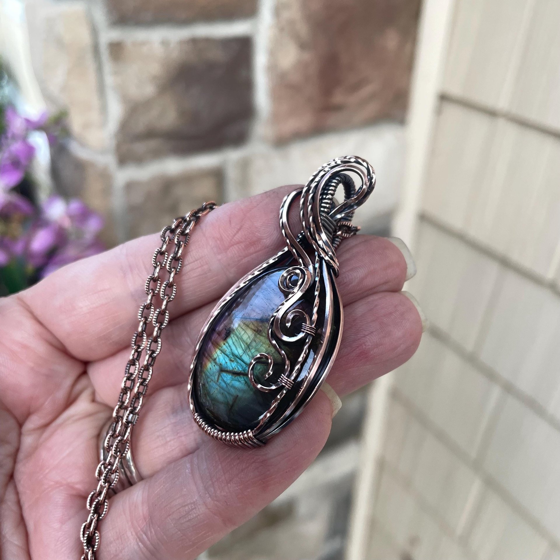 Rainbow Labradorite Oval Swirly Copper Pendant