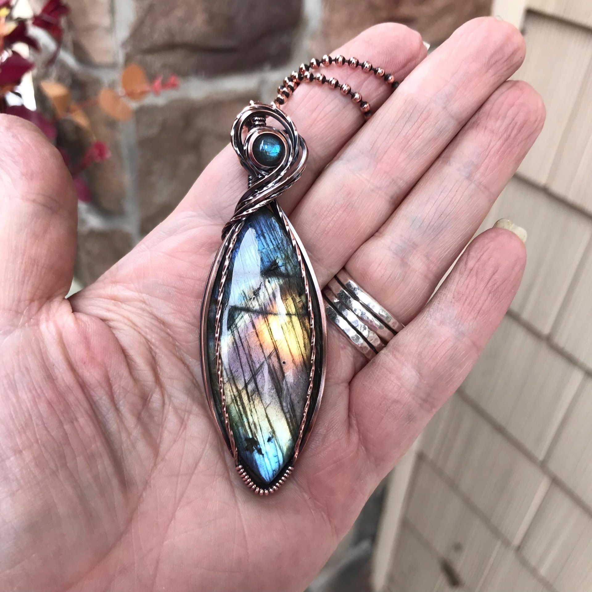 Rainbow Labradorite Marquis Copper Pendant