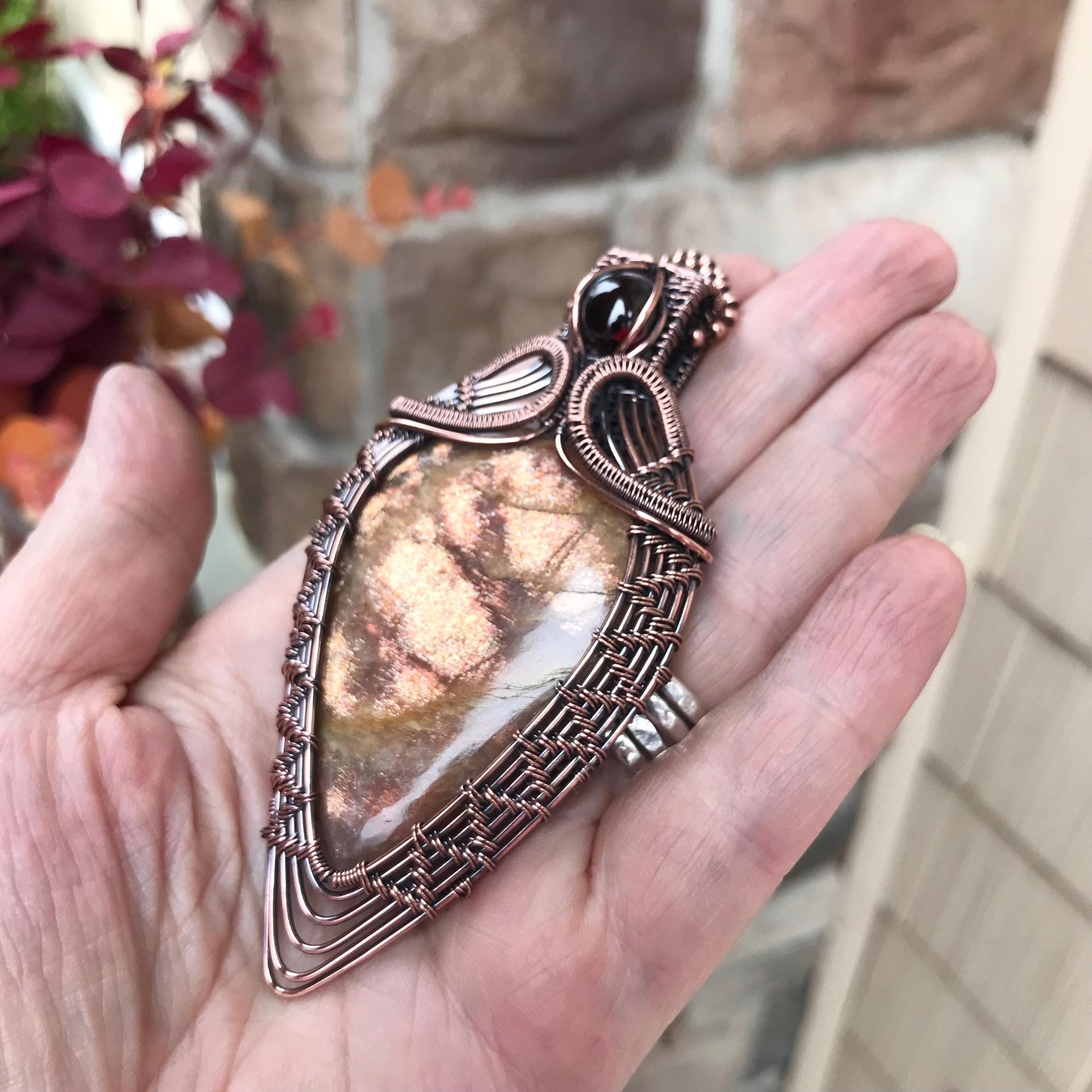 Golden Sunstone & Garnet Woven Pendant