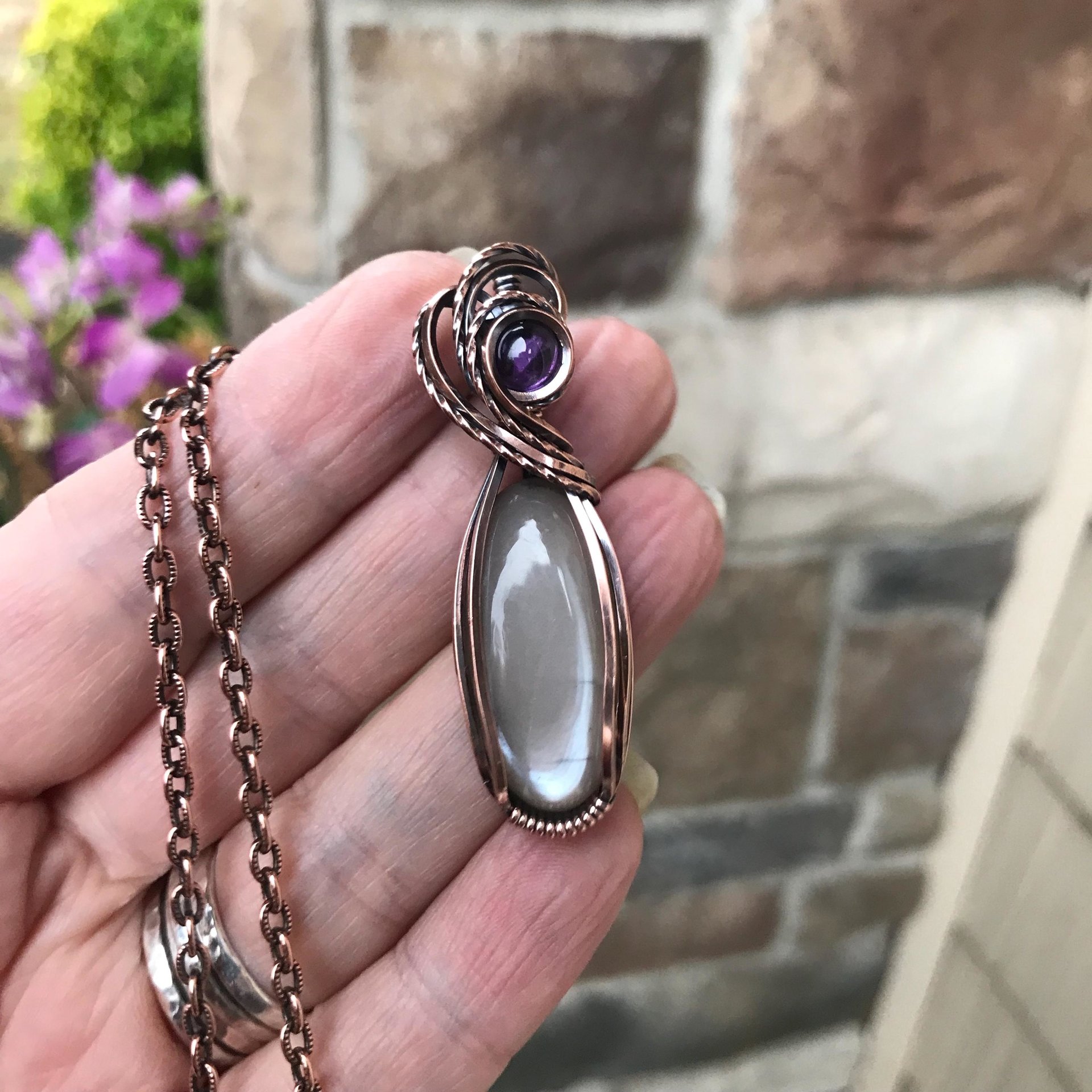 Gray Moonstone & Amethyst Slender Copper Necklace