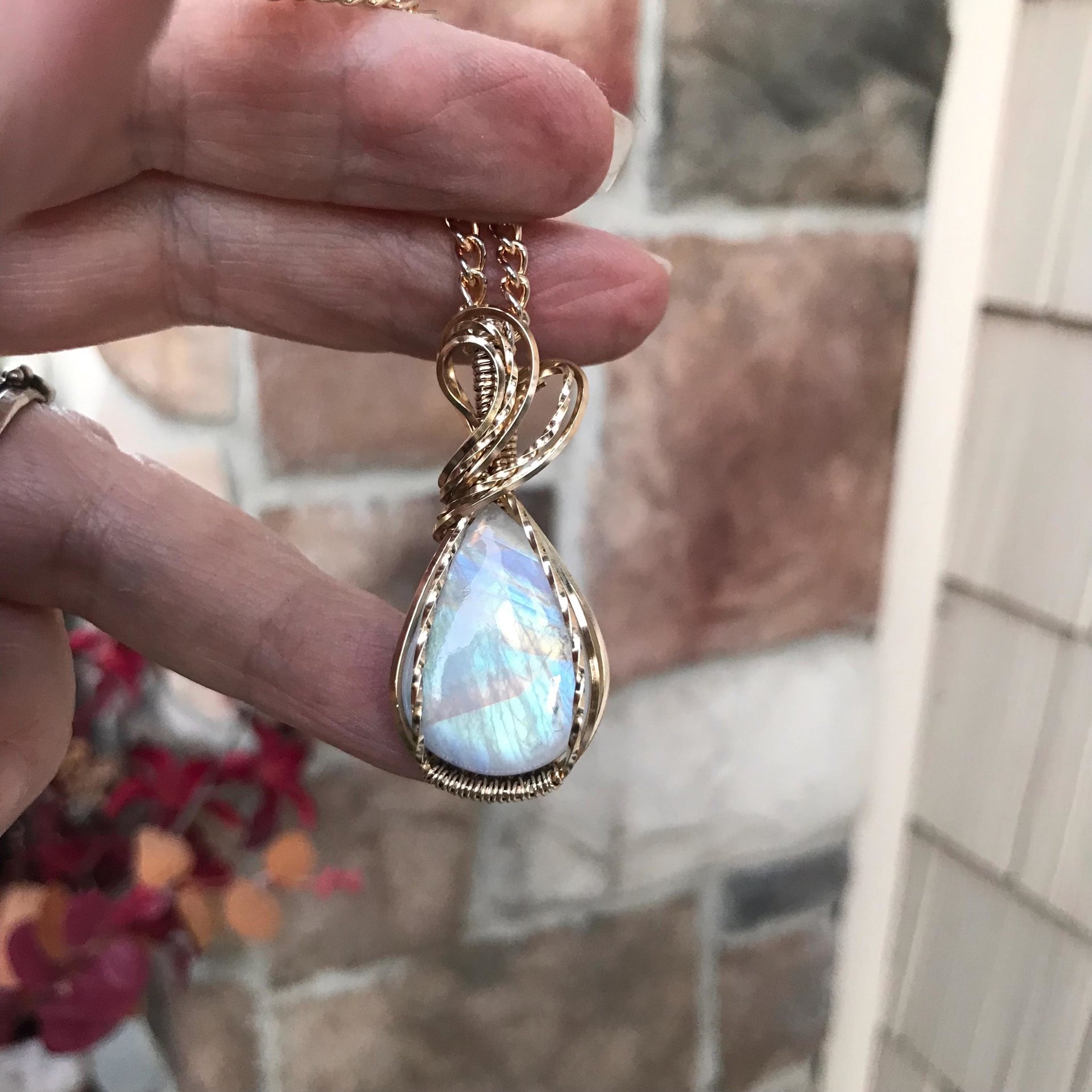 Rainbow Moonstone Brass Pendant