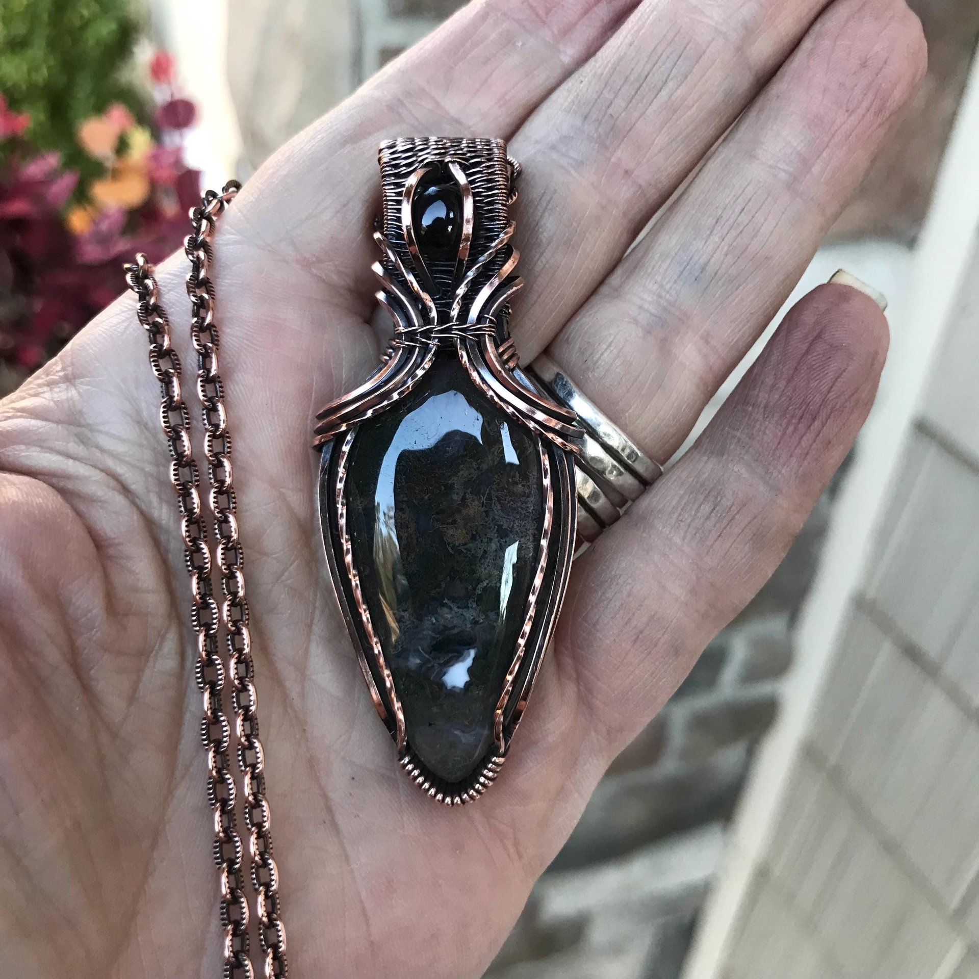 Moss Agate & Smoky Quartz Copper Pendant with Woven Bail
