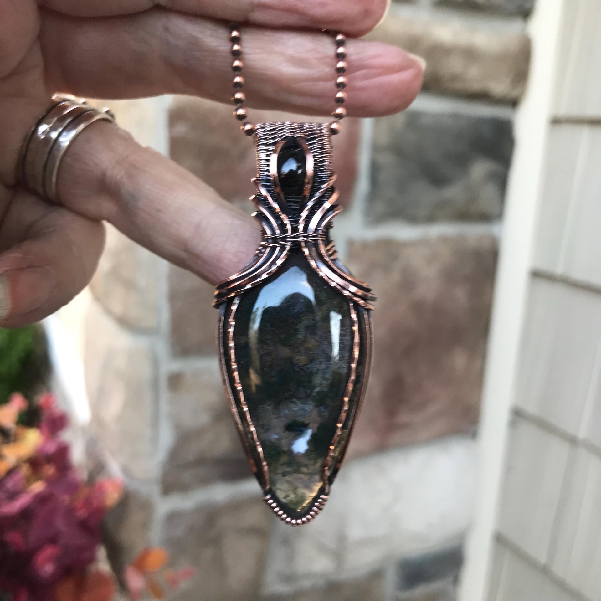 Moss Agate & Smoky Quartz Copper Pendant with Woven Bail