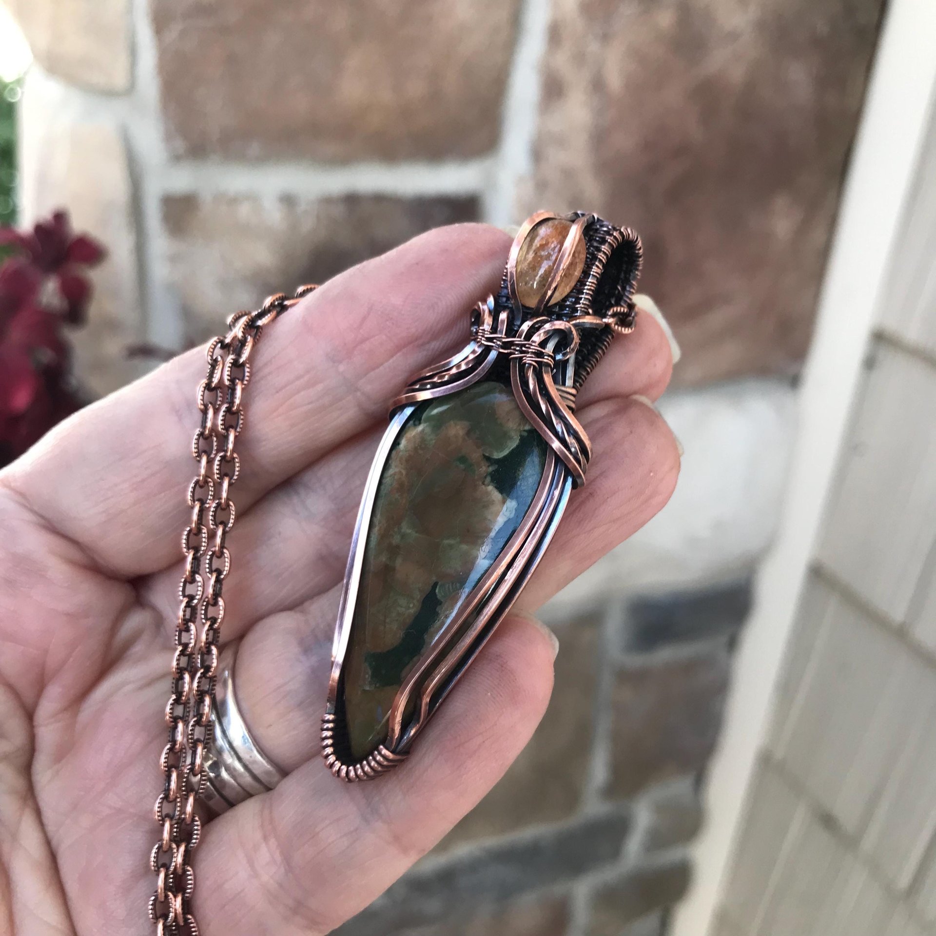 Rainforest Jasper & Sunstone Copper Pendant with Woven Bail