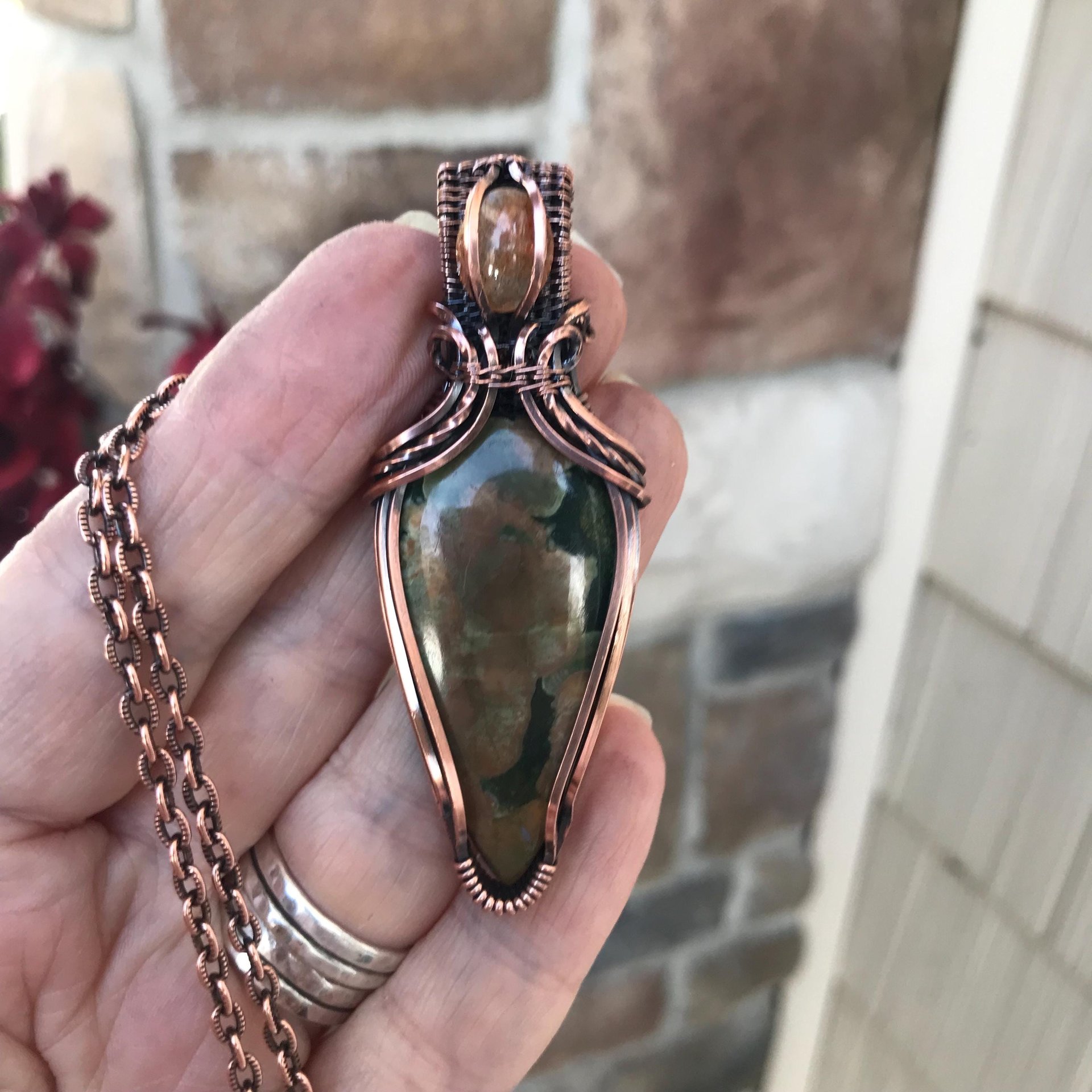 Rainforest Jasper & Sunstone Copper Pendant with Woven Bail
