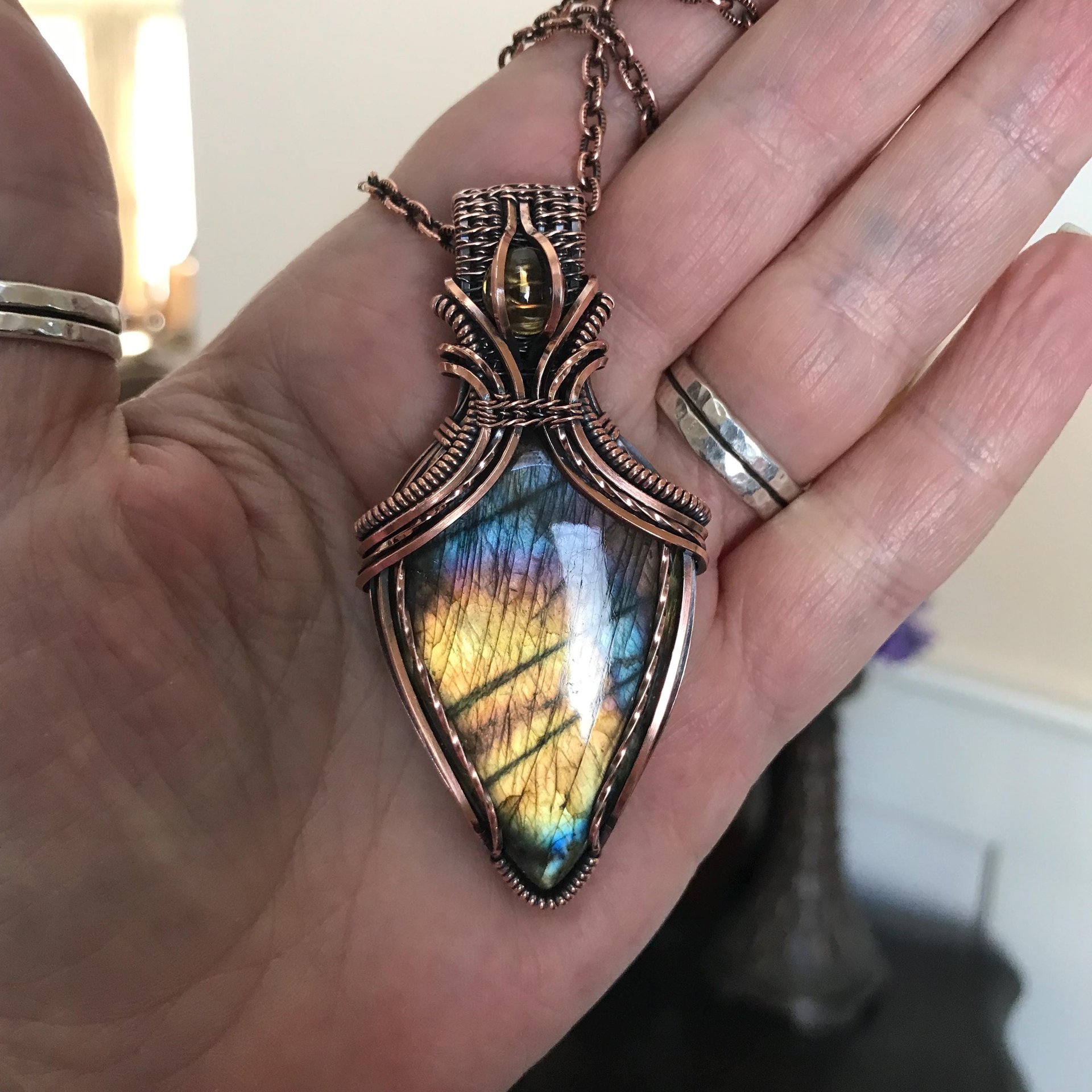 Yellow Rainbow Labradorite & Citrine Copper Pendant with Woven Bail