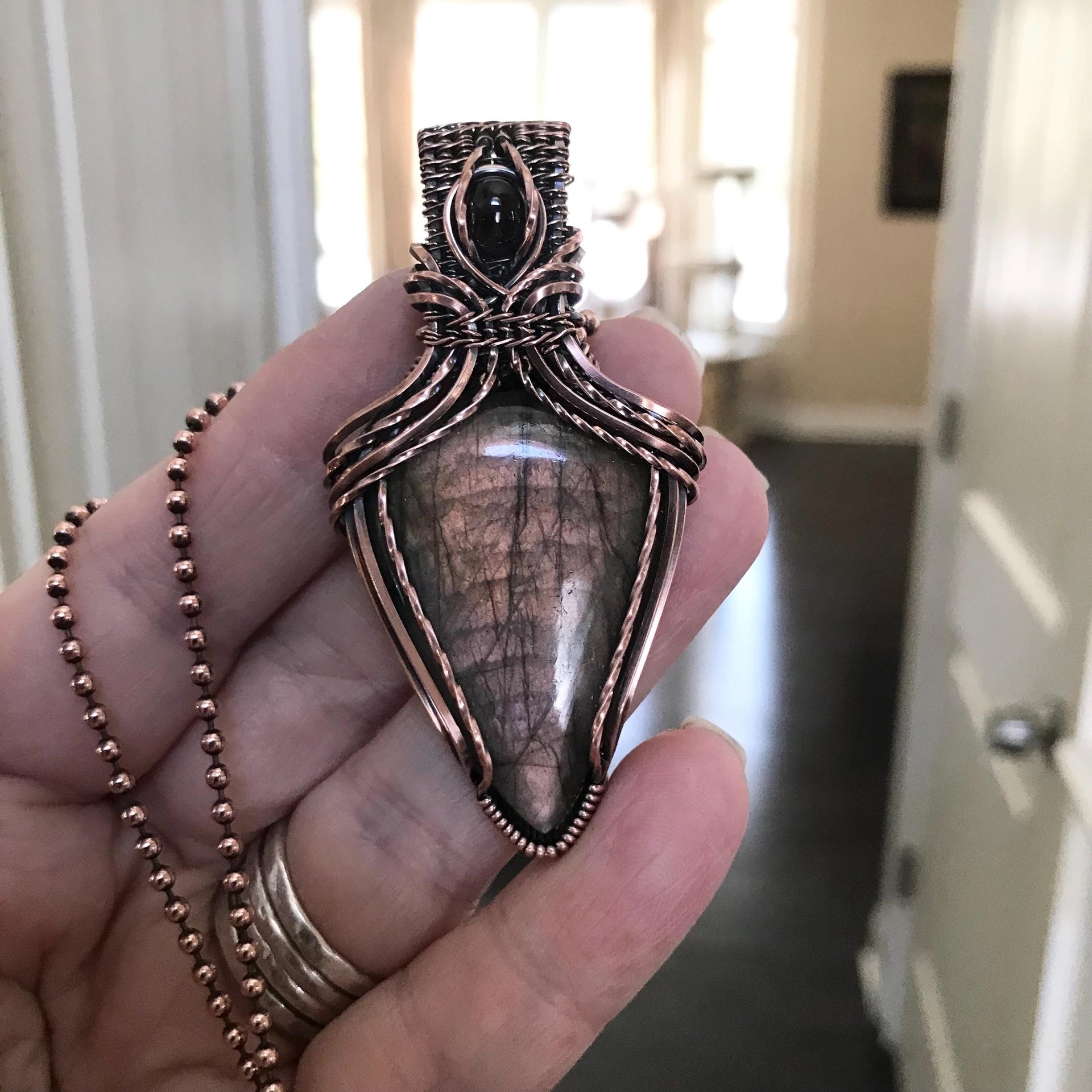 Mauve Pink Labradorite & Garnet Copper Pendant