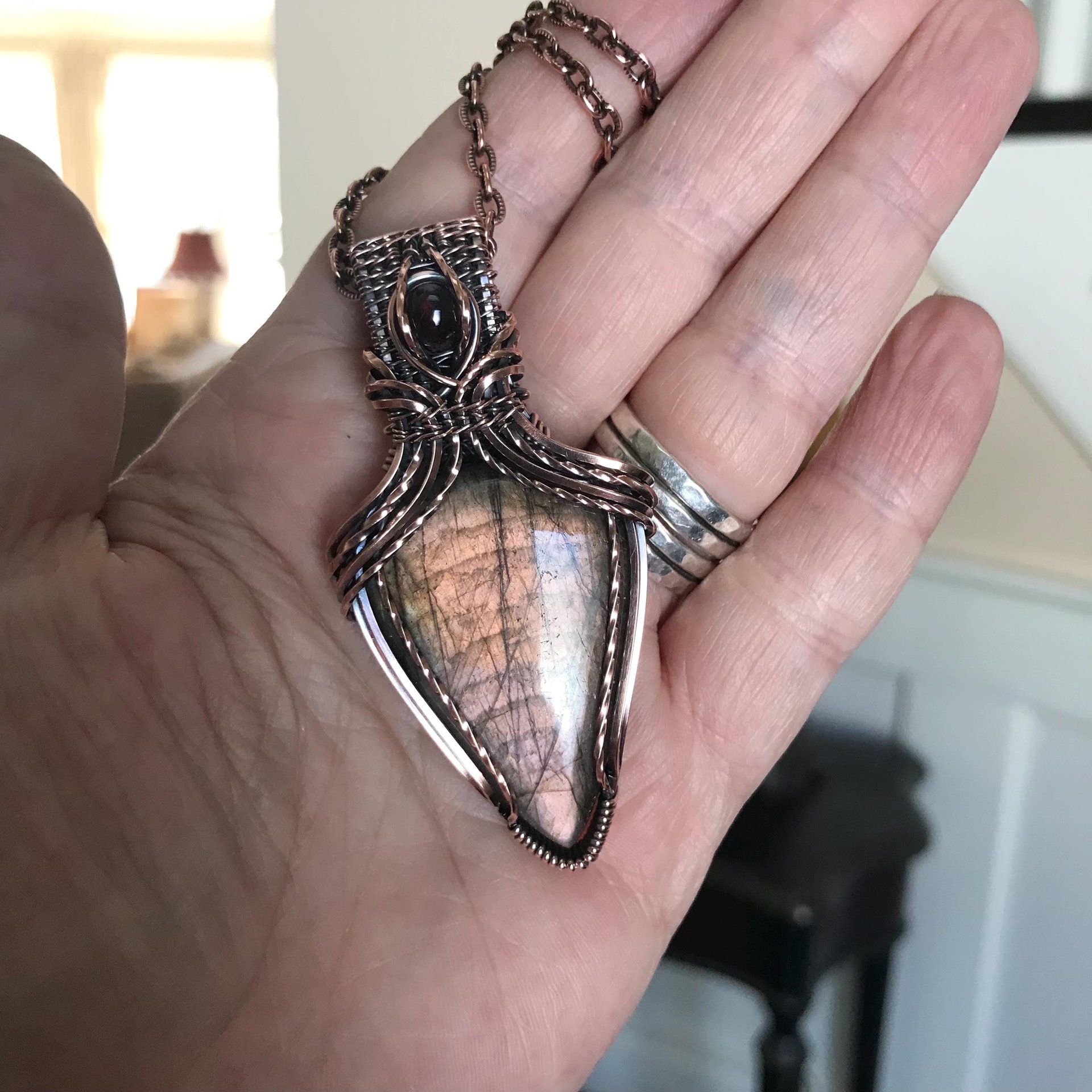 Mauve Pink Labradorite & Garnet Copper Pendant