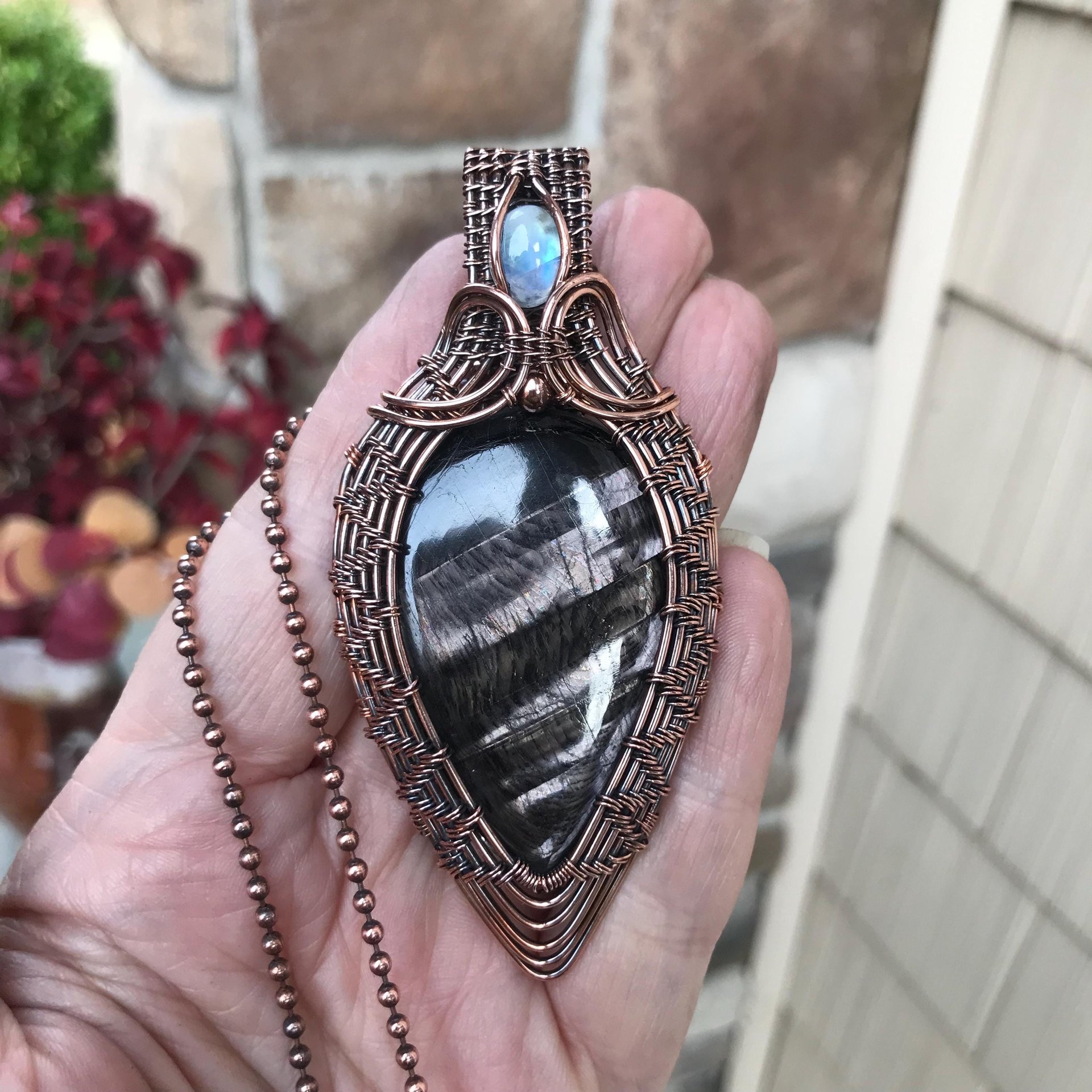 Hypersthene & Moonstone Woven Copper Pendant