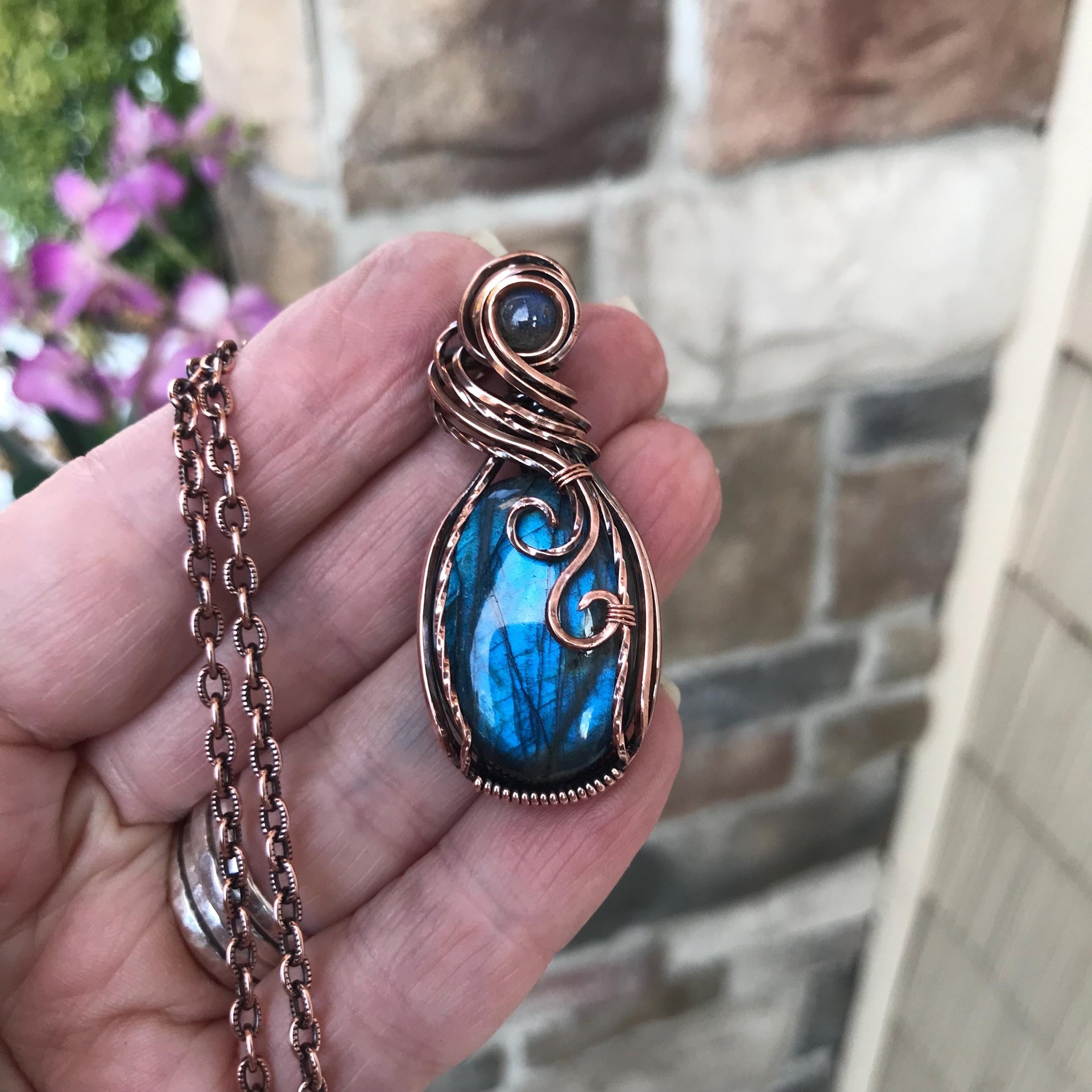 Blue Labradorite Oval Copper Pendant
