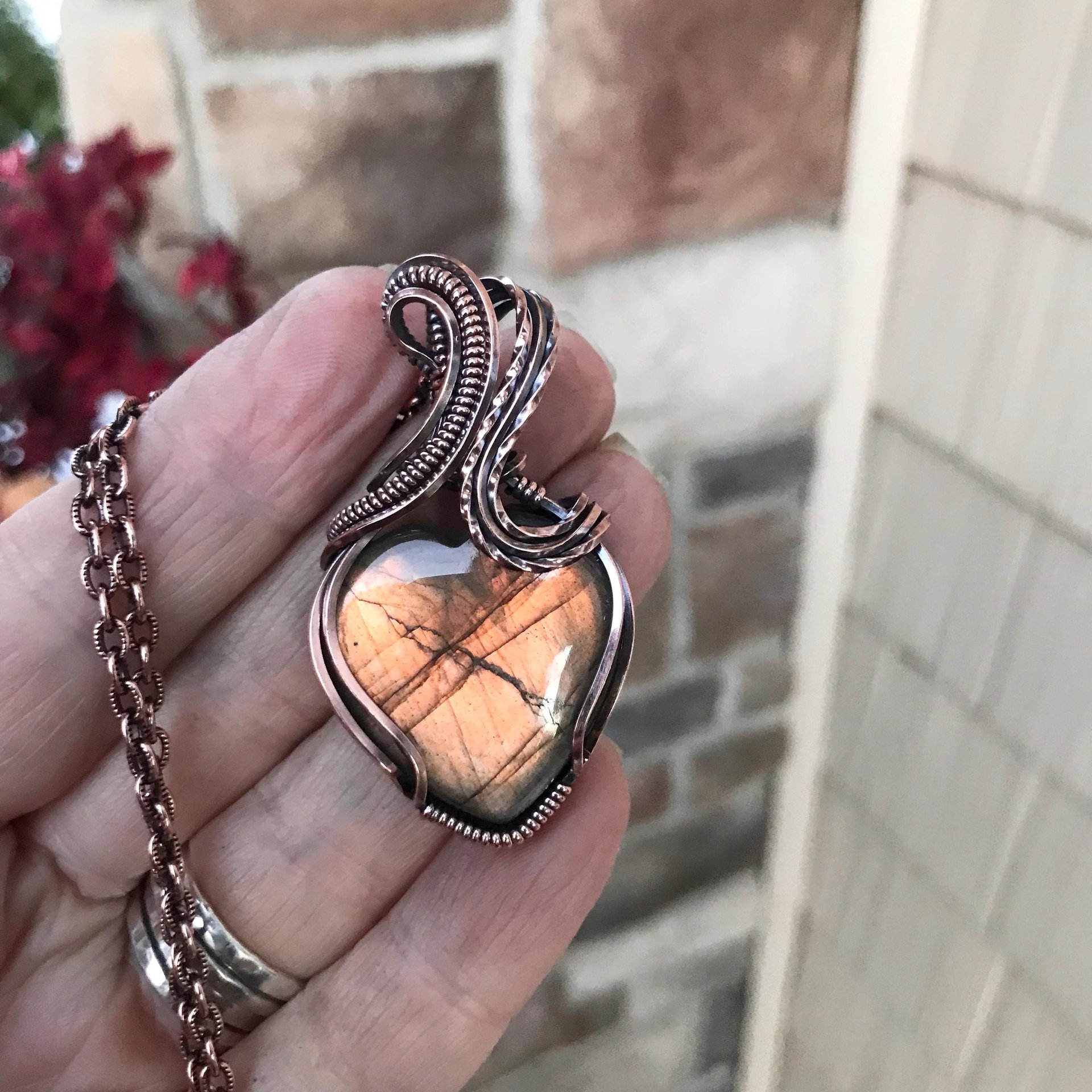 Golden Amber Labradorite Heart Copper Necklace