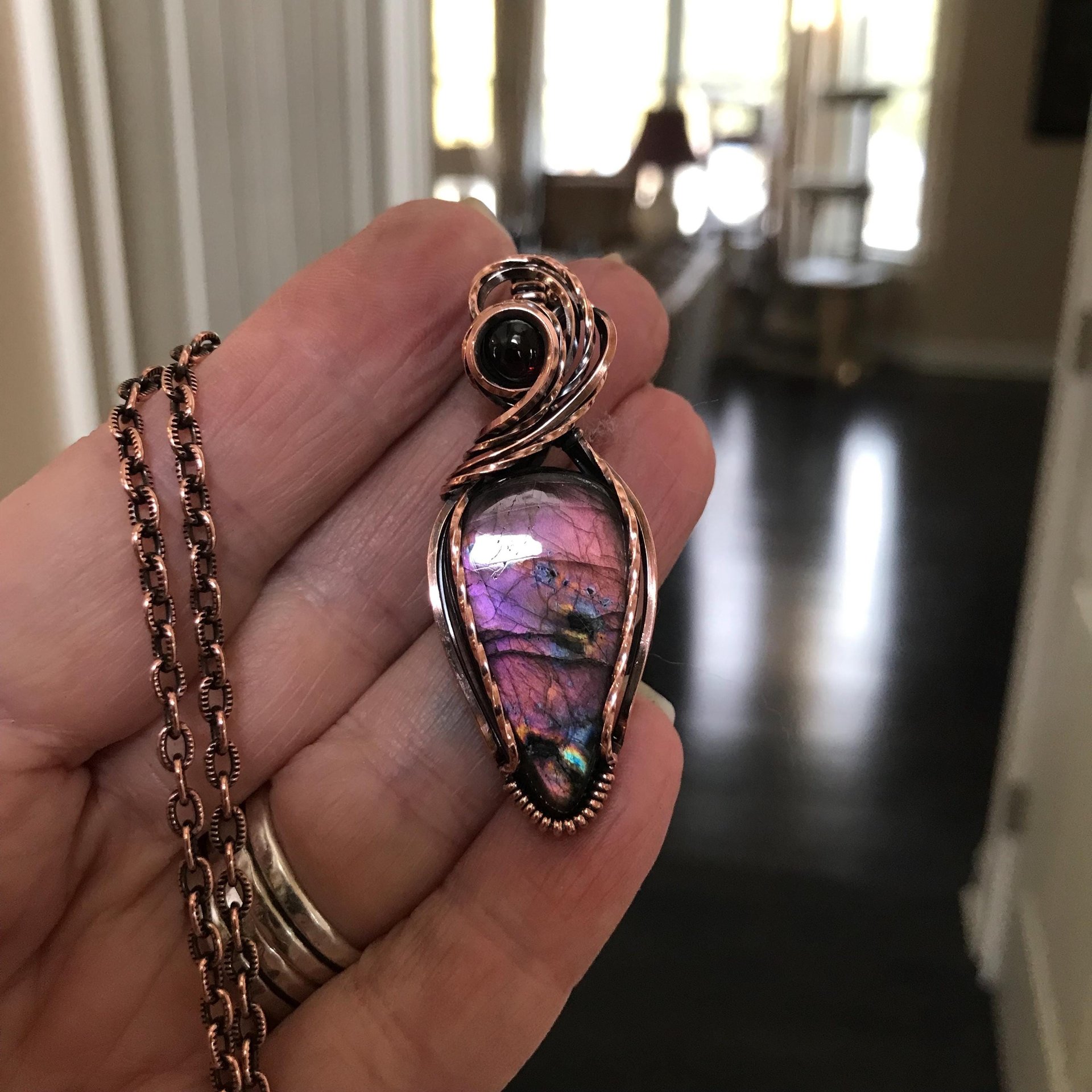Purple Labradorite & Garnet Copper Pendant