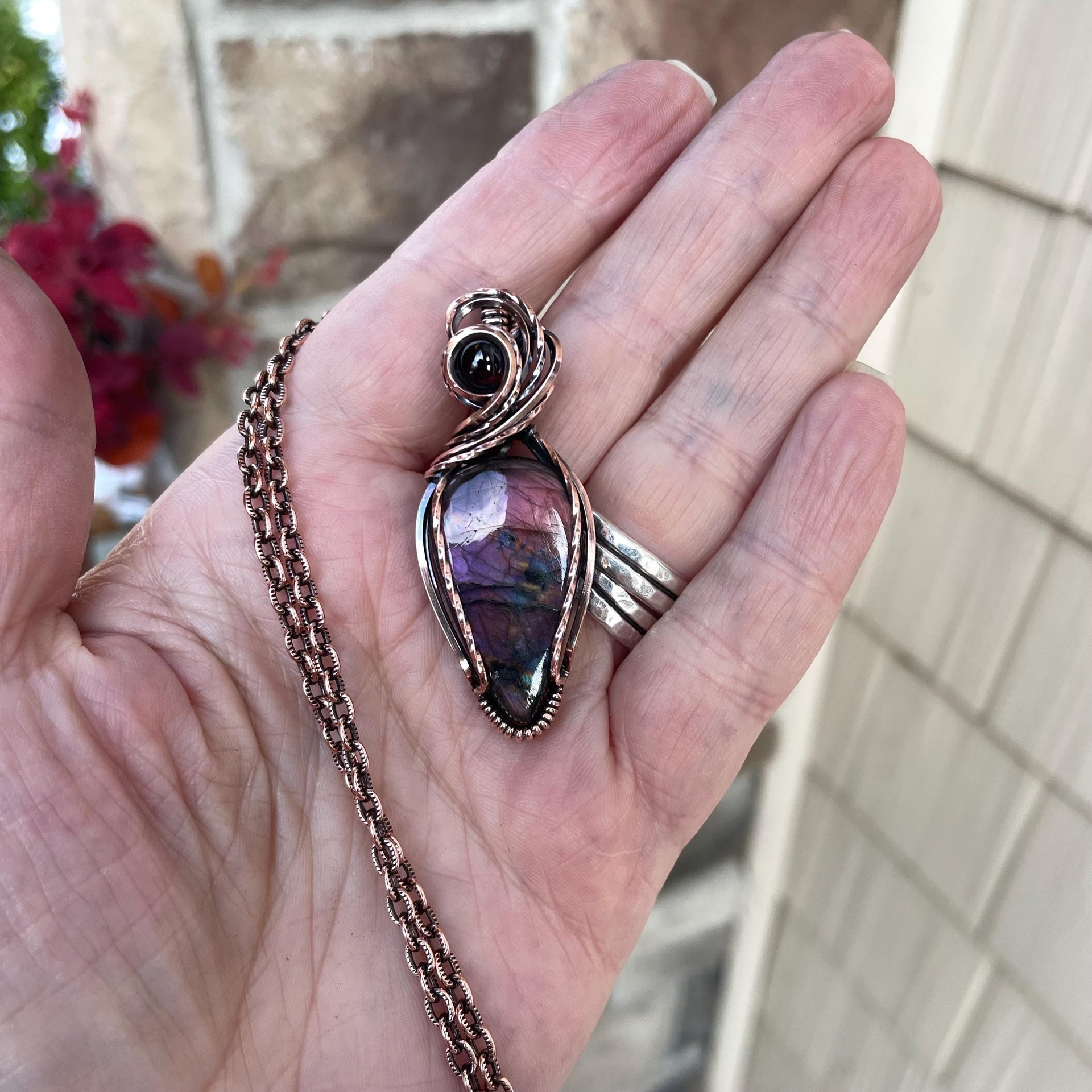 Purple Labradorite & Garnet Copper Pendant