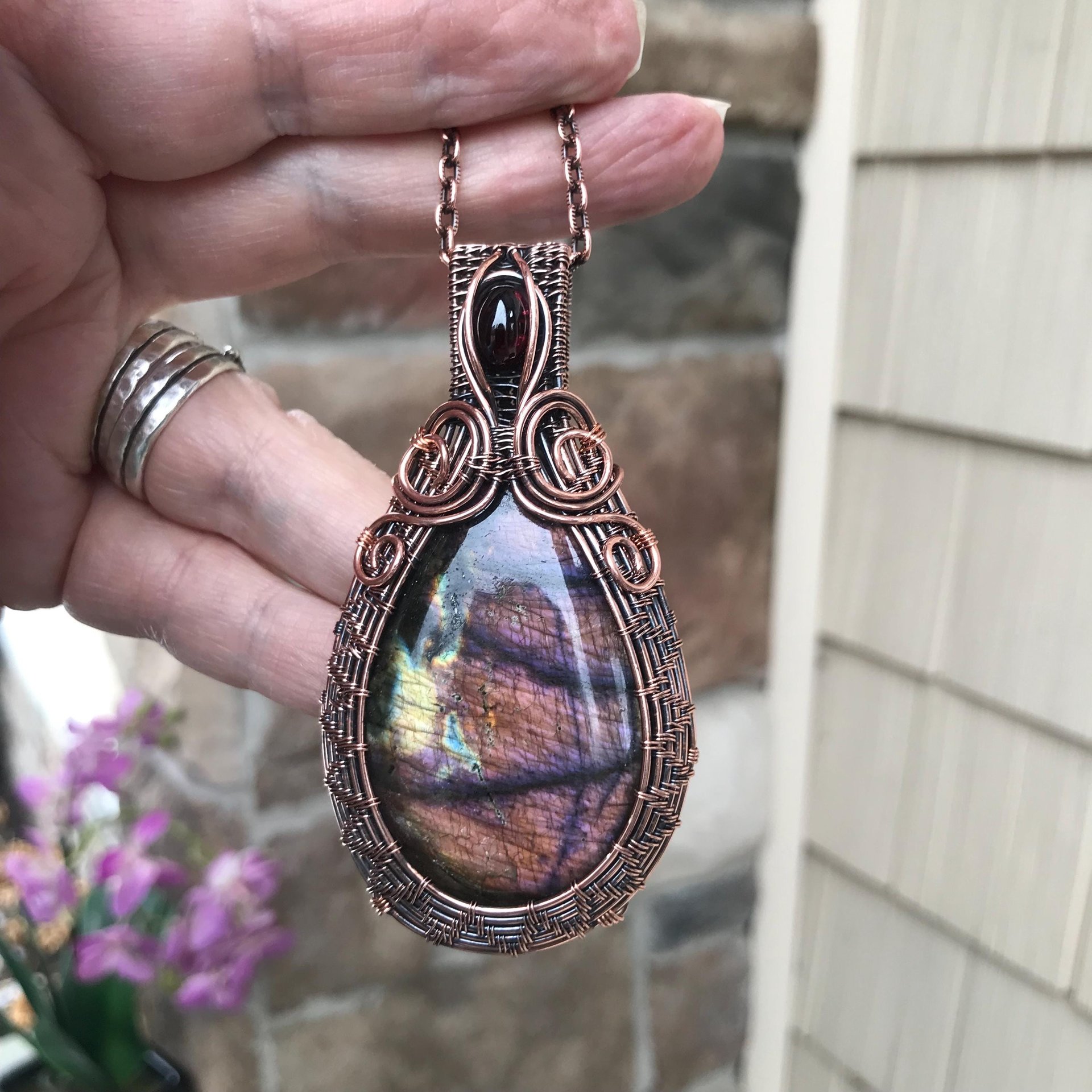 Purple Amber Labradorite & Garnet Woven Pendant