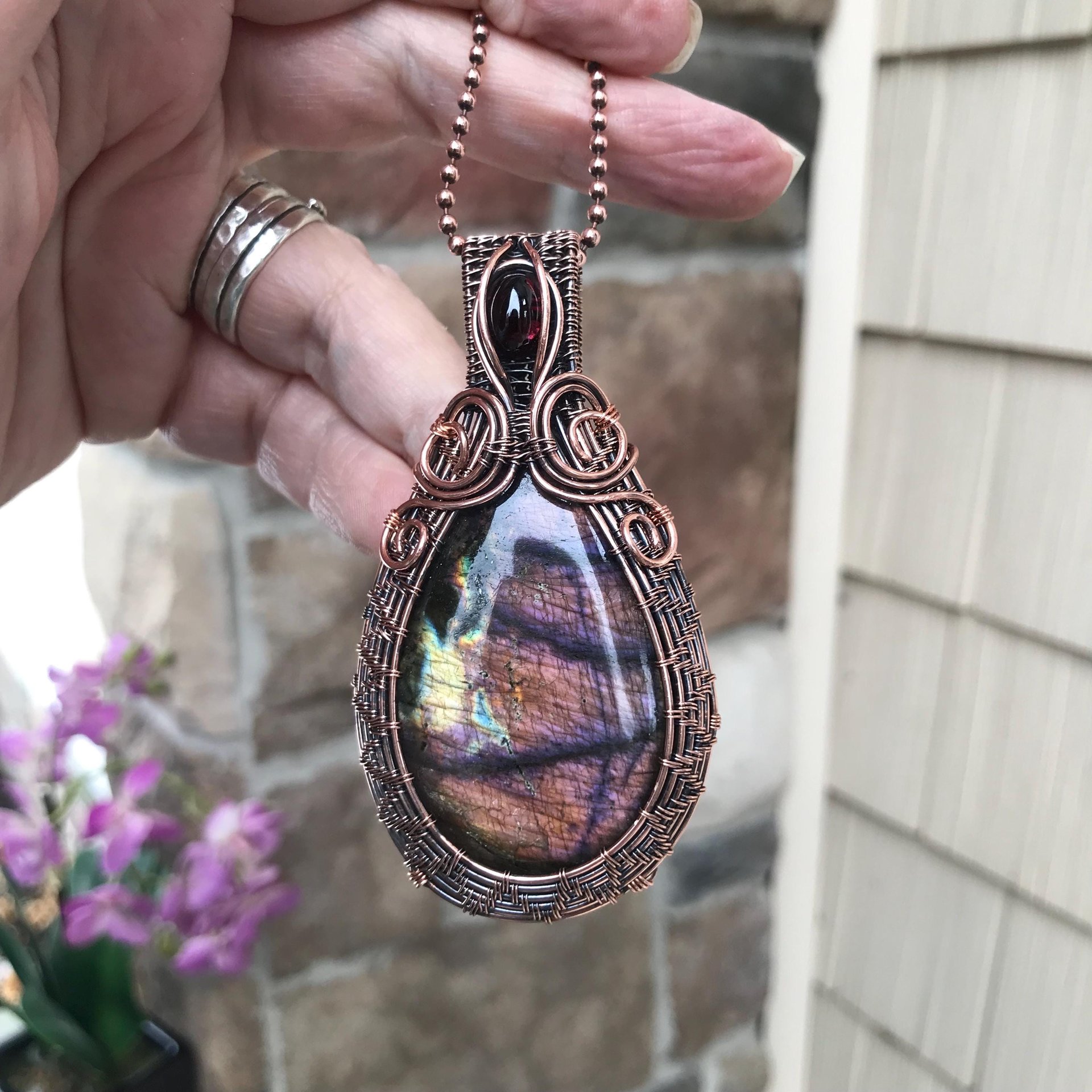 Purple Amber Labradorite & Garnet Woven Pendant