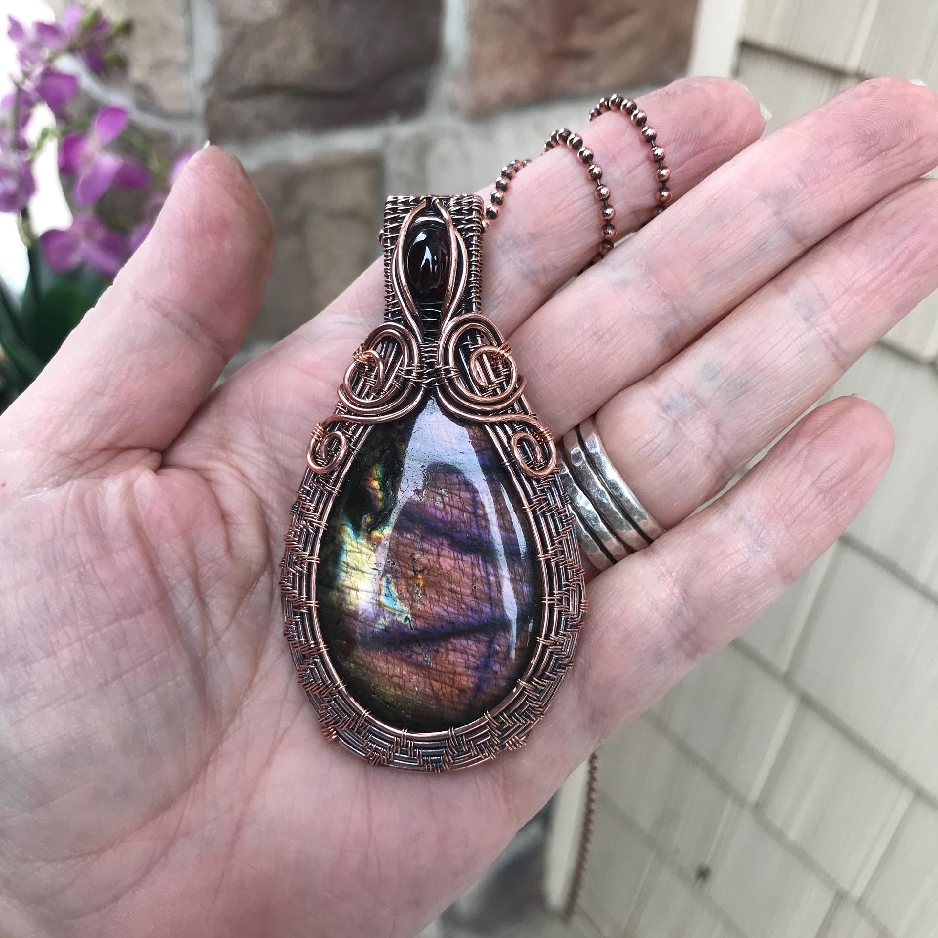 Purple Amber Labradorite & Garnet Woven Pendant