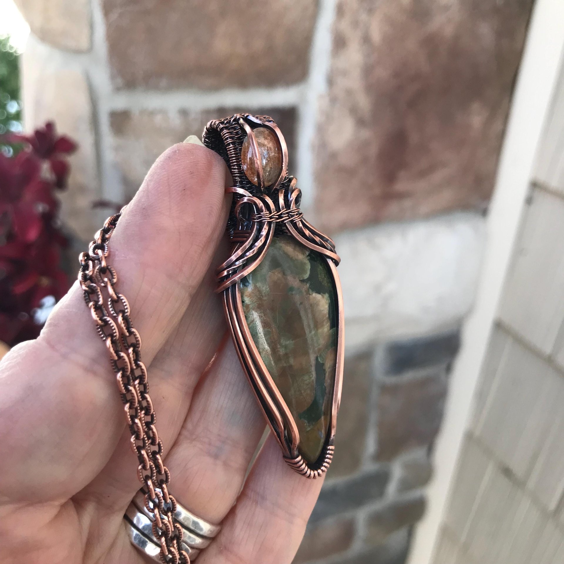 Rainforest Jasper & Sunstone Copper Pendant with Woven Bail