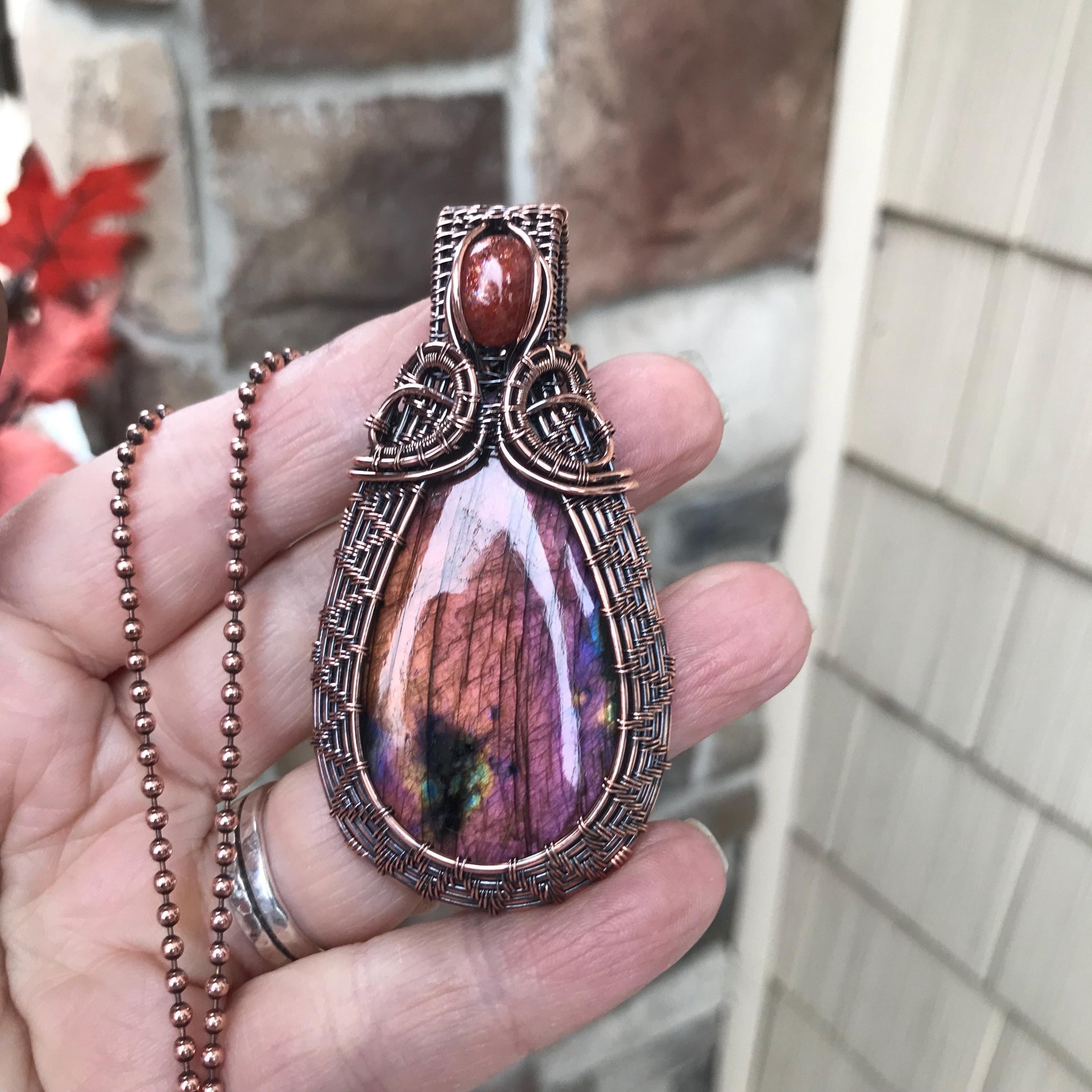 Orange Pink Labradorite & Sunstone Woven Pendant