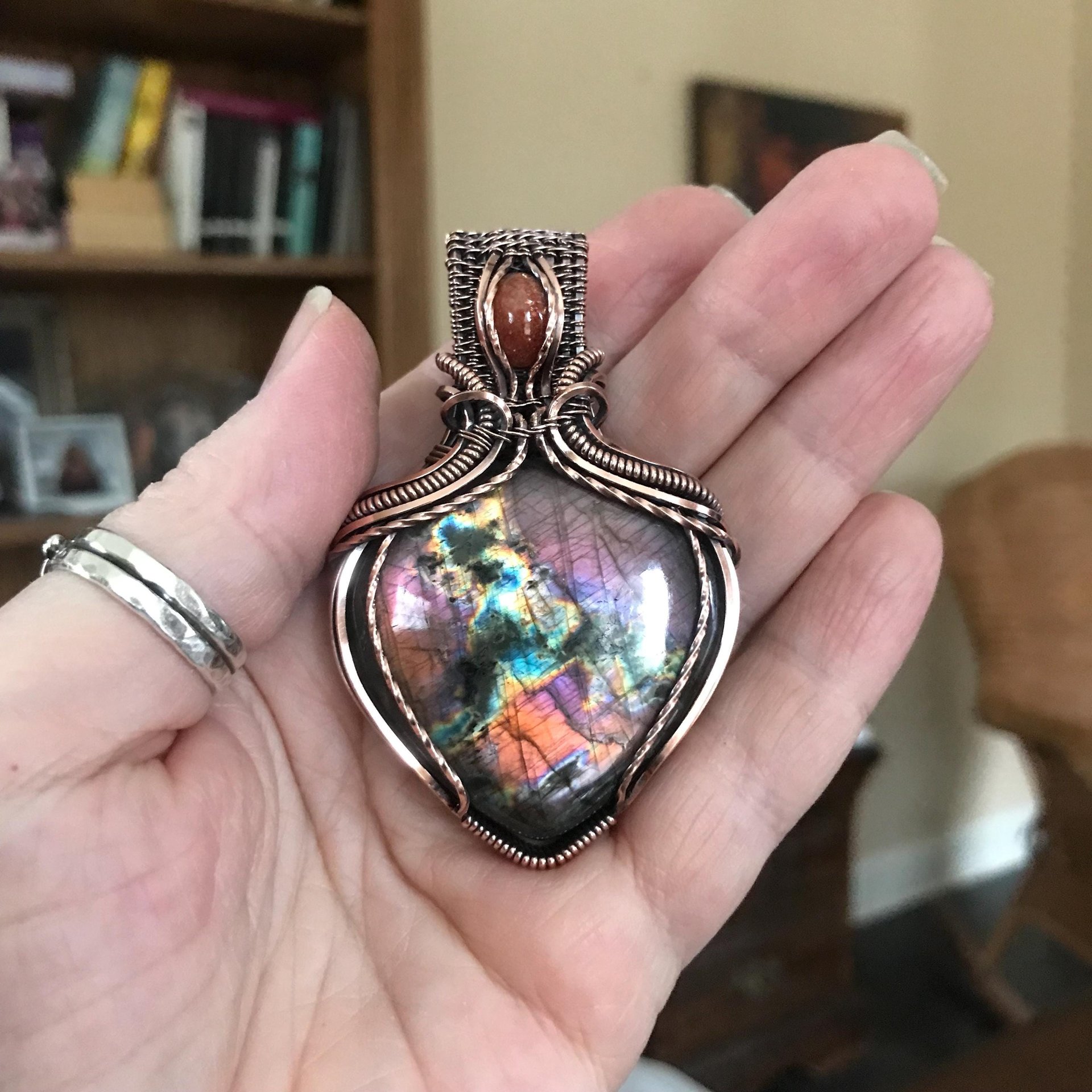 Orange Purple Labradorite & Sunstone Copper Pendant with Woven Bail