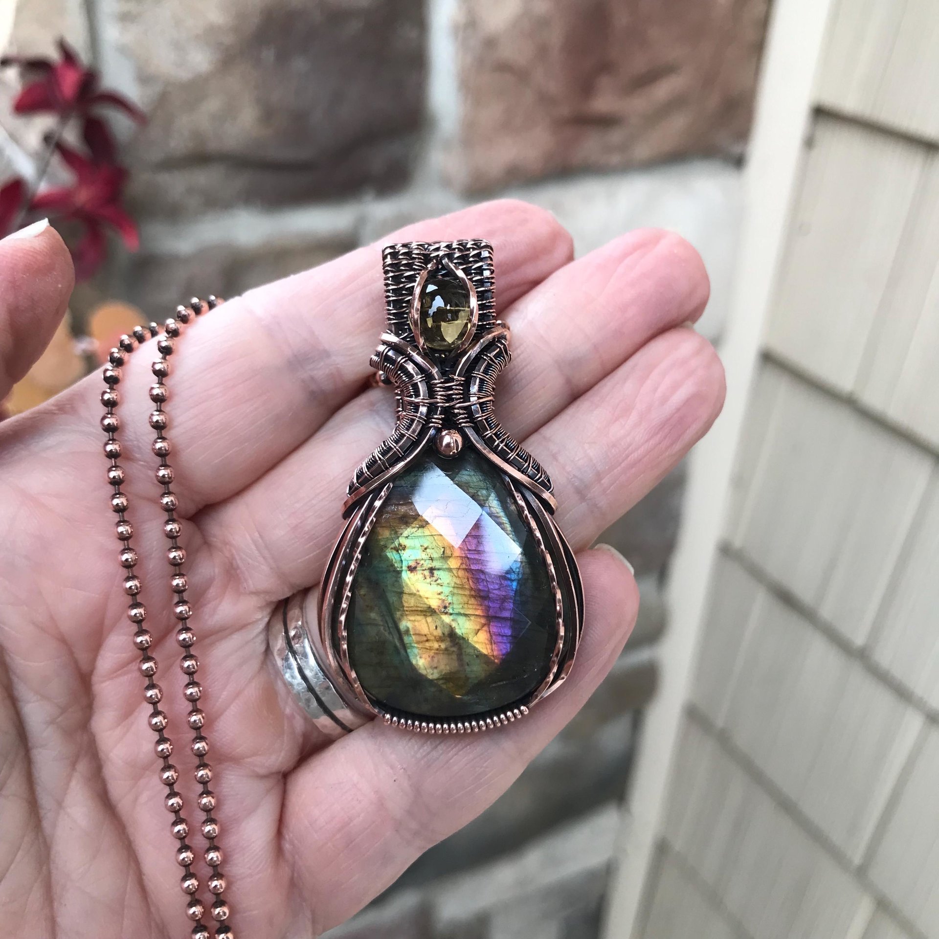 Yellow Rainbow Faceted Laradorite & Citrine Copper Pendant