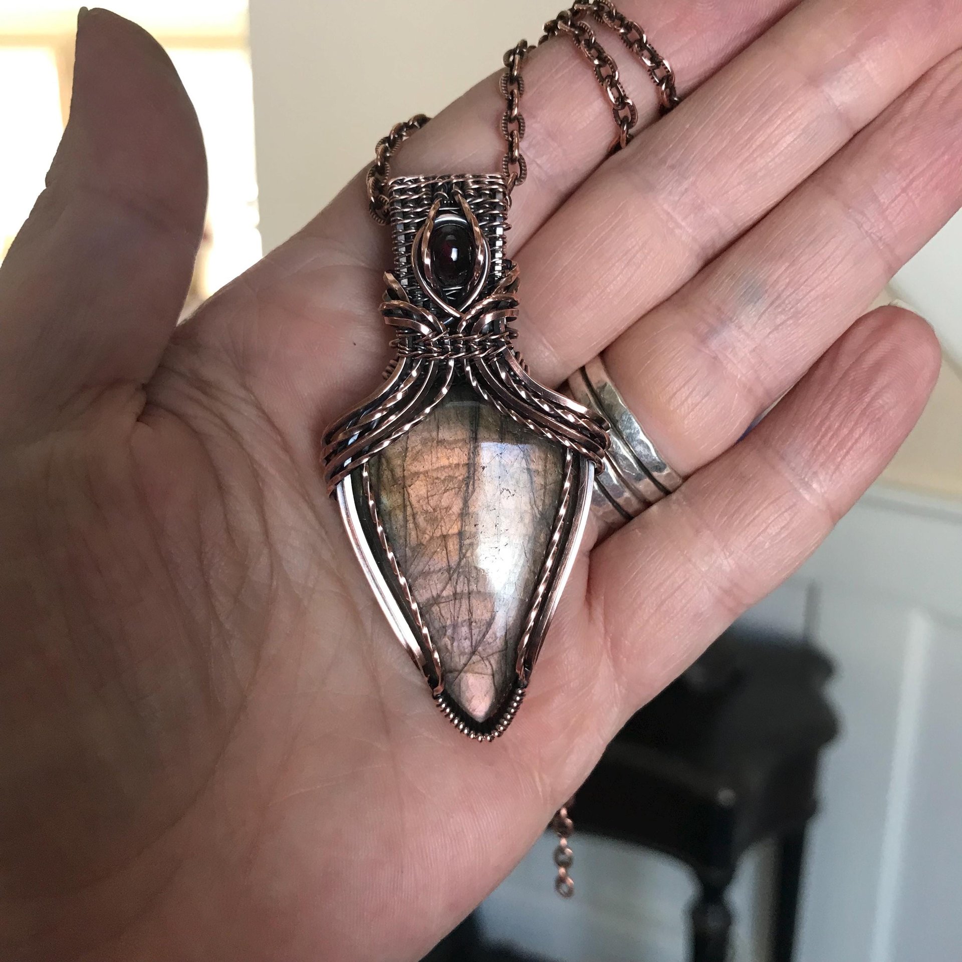 Mauve Pink Labradorite & Garnet Copper Pendant