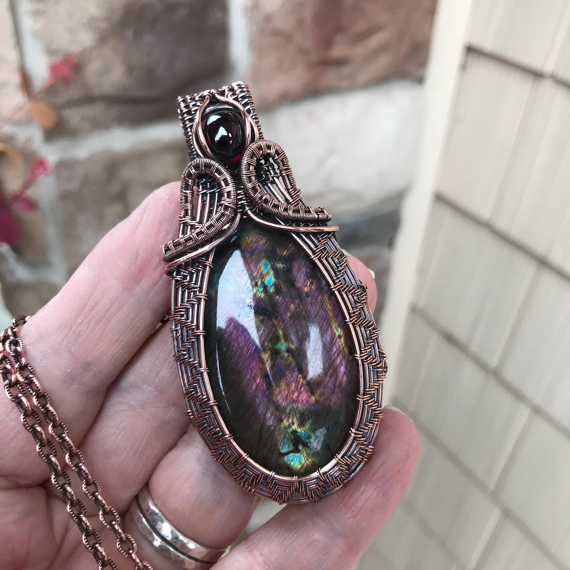 Purple Maroon Labradorite & Garnet Woven Pendant