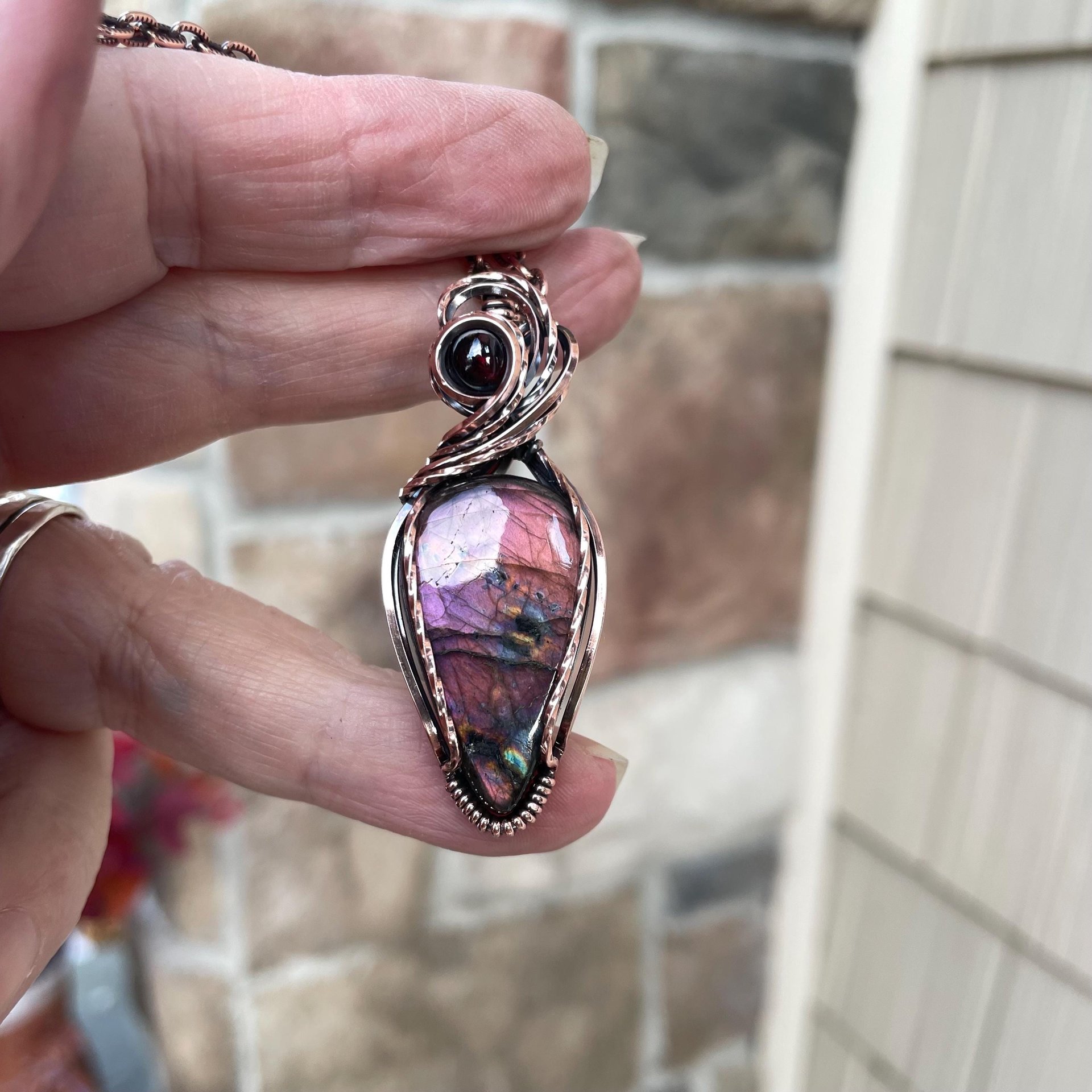 Purple Labradorite & Garnet Copper Pendant