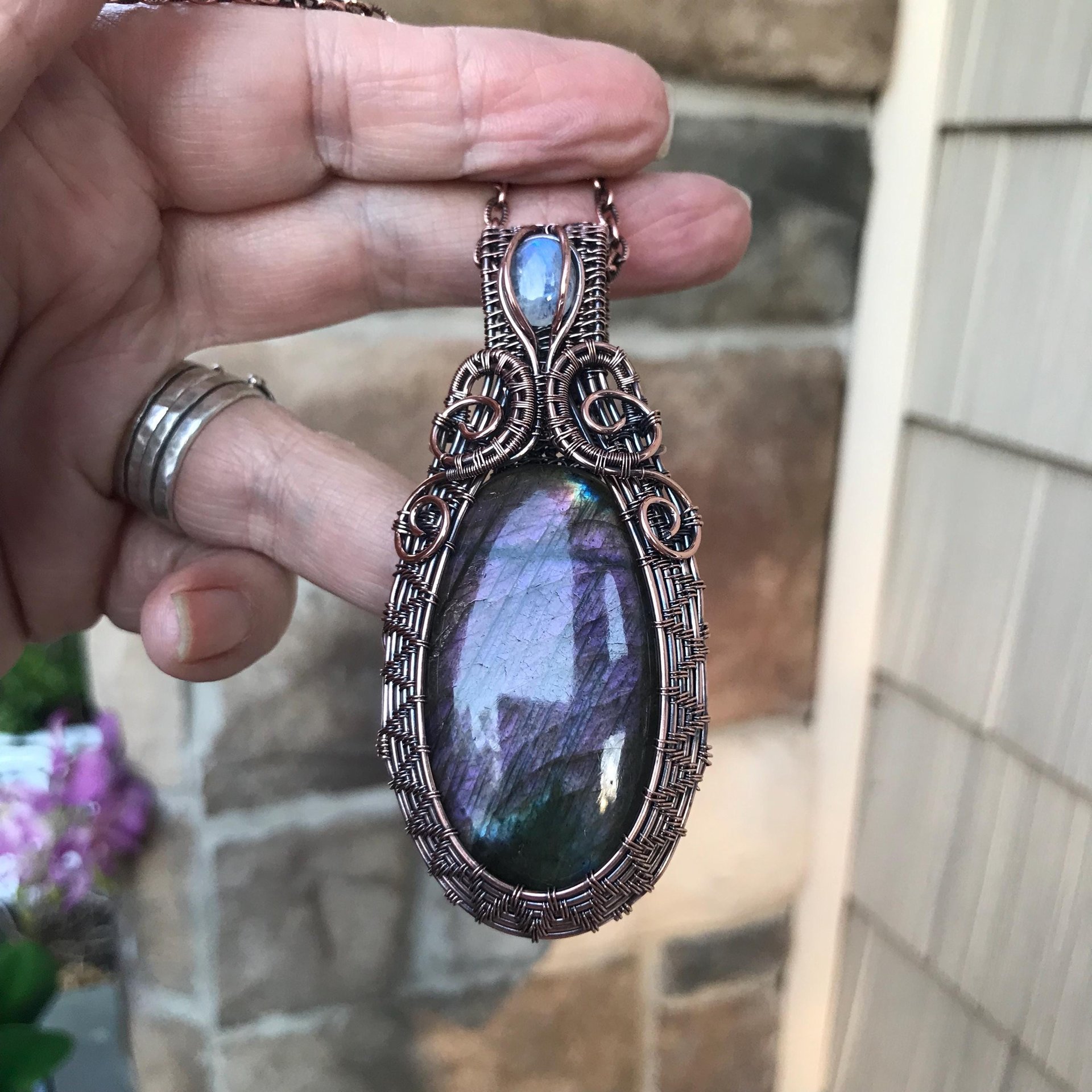 Purple Labradorite & Moonstone Copper Woven Pendant