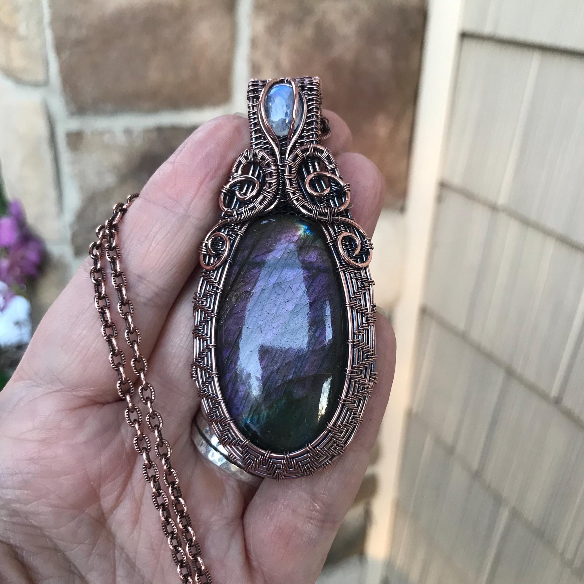 Purple Labradorite & Moonstone Copper Woven Pendant