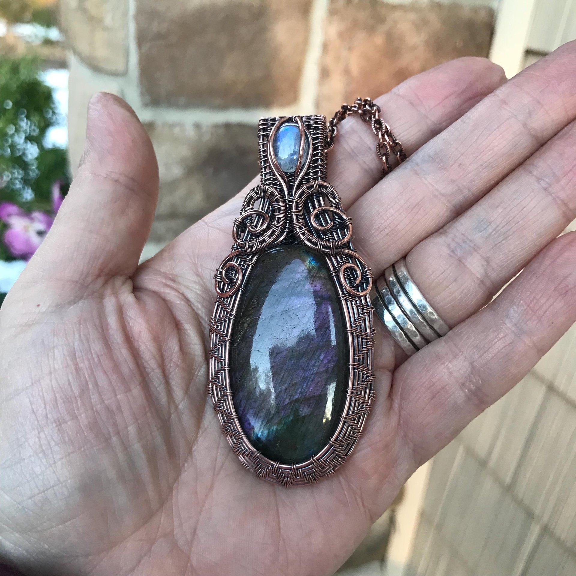 Purple Labradorite & Moonstone Copper Woven Pendant