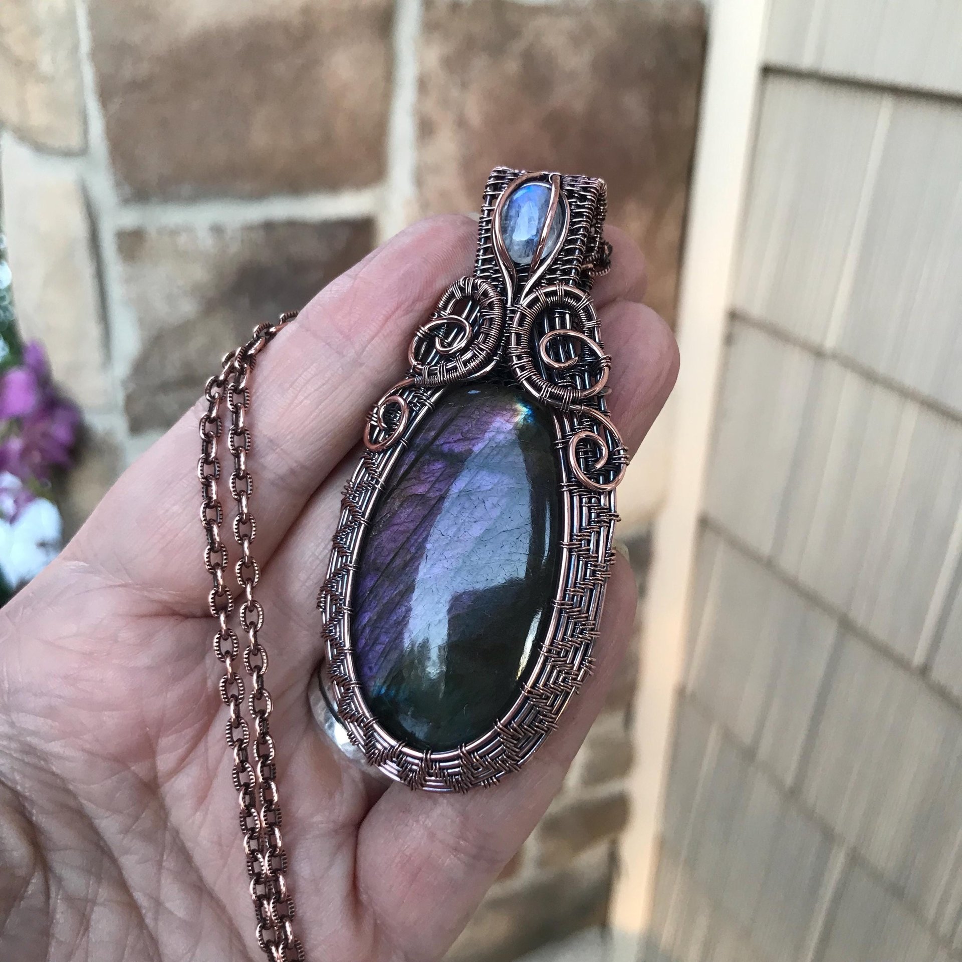 Purple Labradorite & Moonstone Copper Woven Pendant