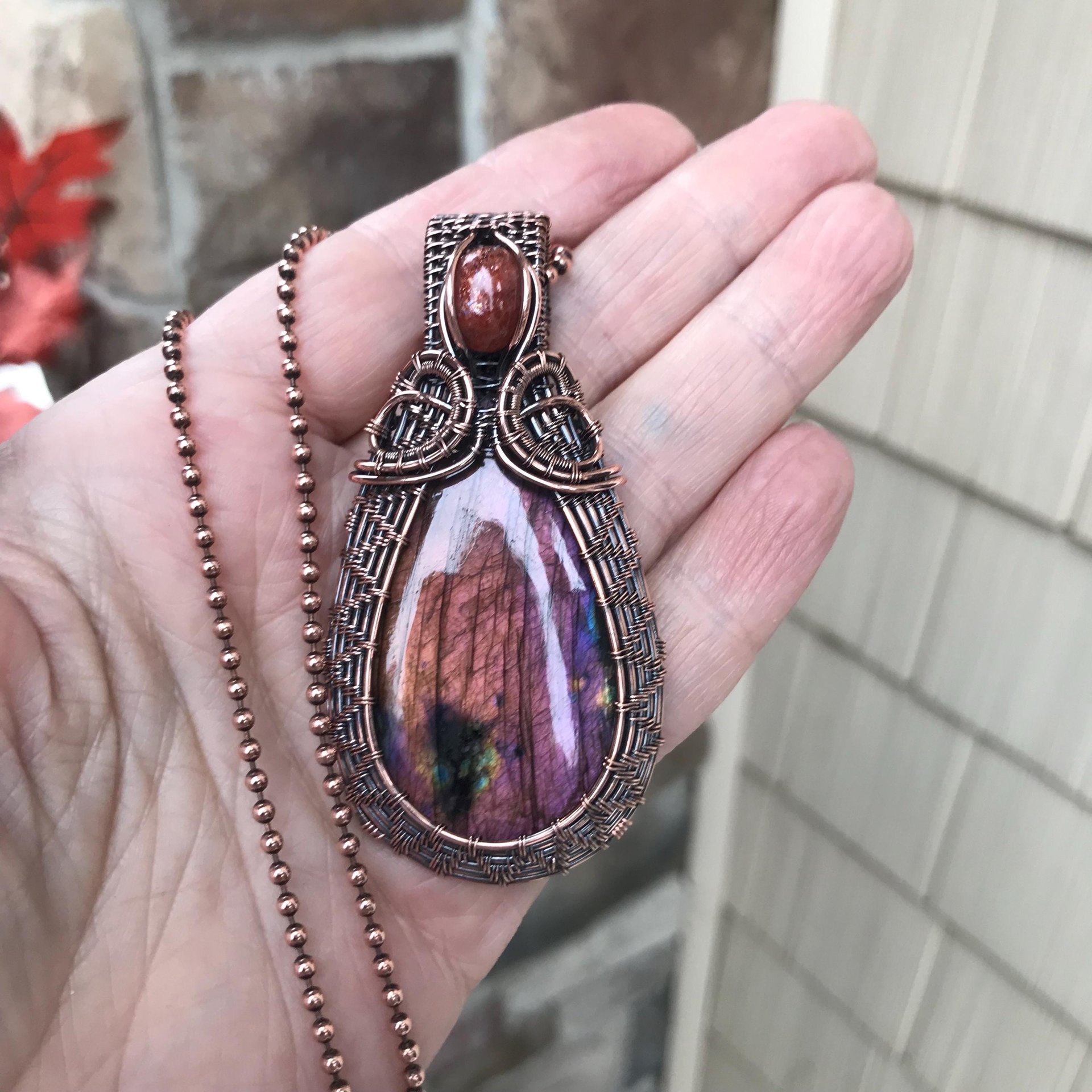 Orange Pink Labradorite & Sunstone Woven Pendant