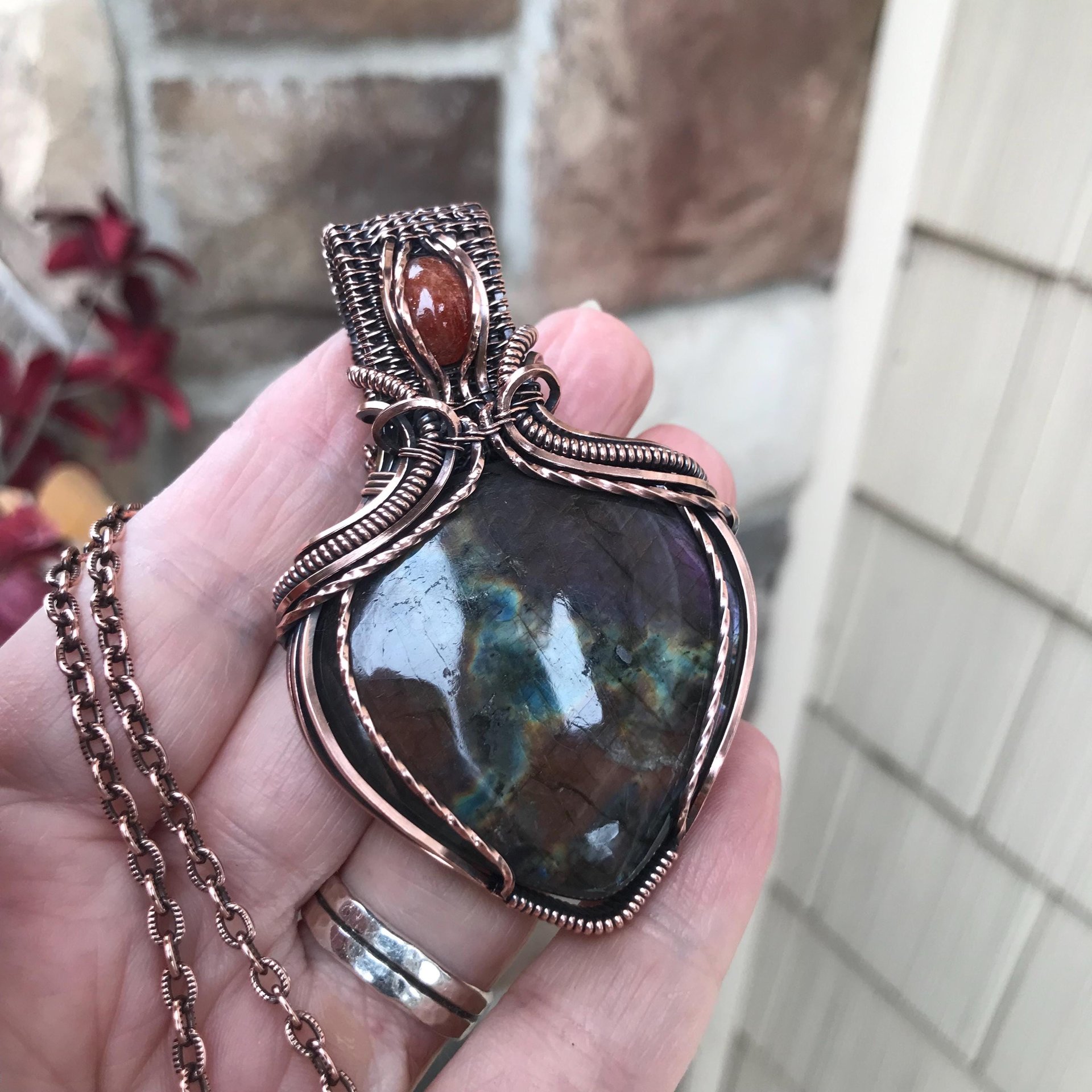 Orange Purple Labradorite & Sunstone Copper Pendant with Woven Bail