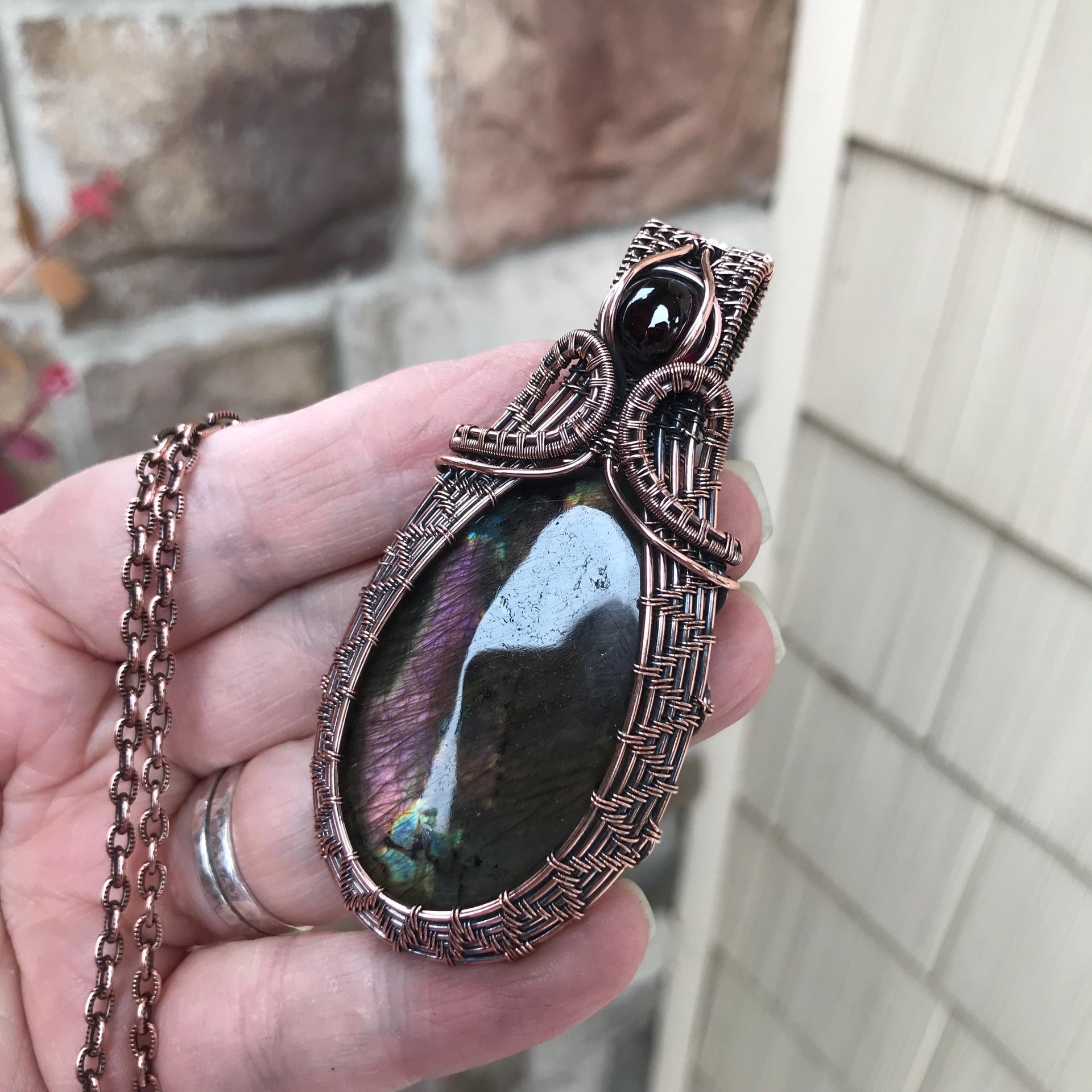 Purple Maroon Labradorite & Garnet Woven Pendant
