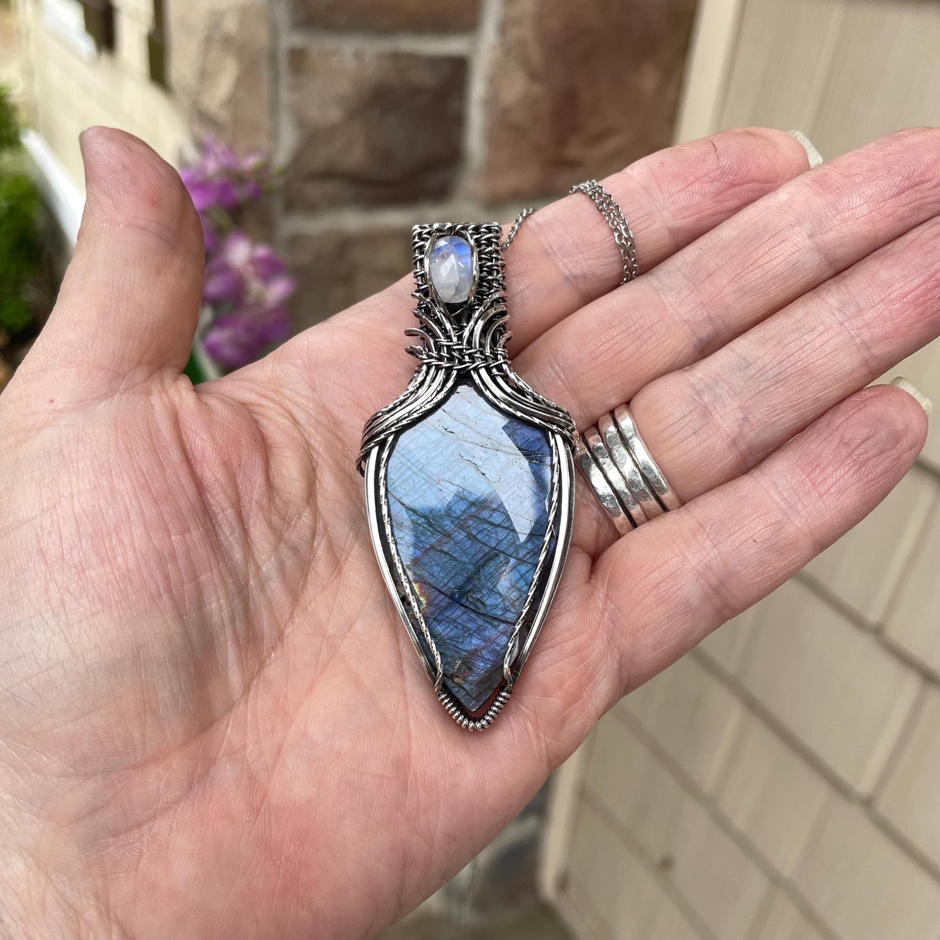 Blue Purple Labradorite & Moonstone Silver Pendant