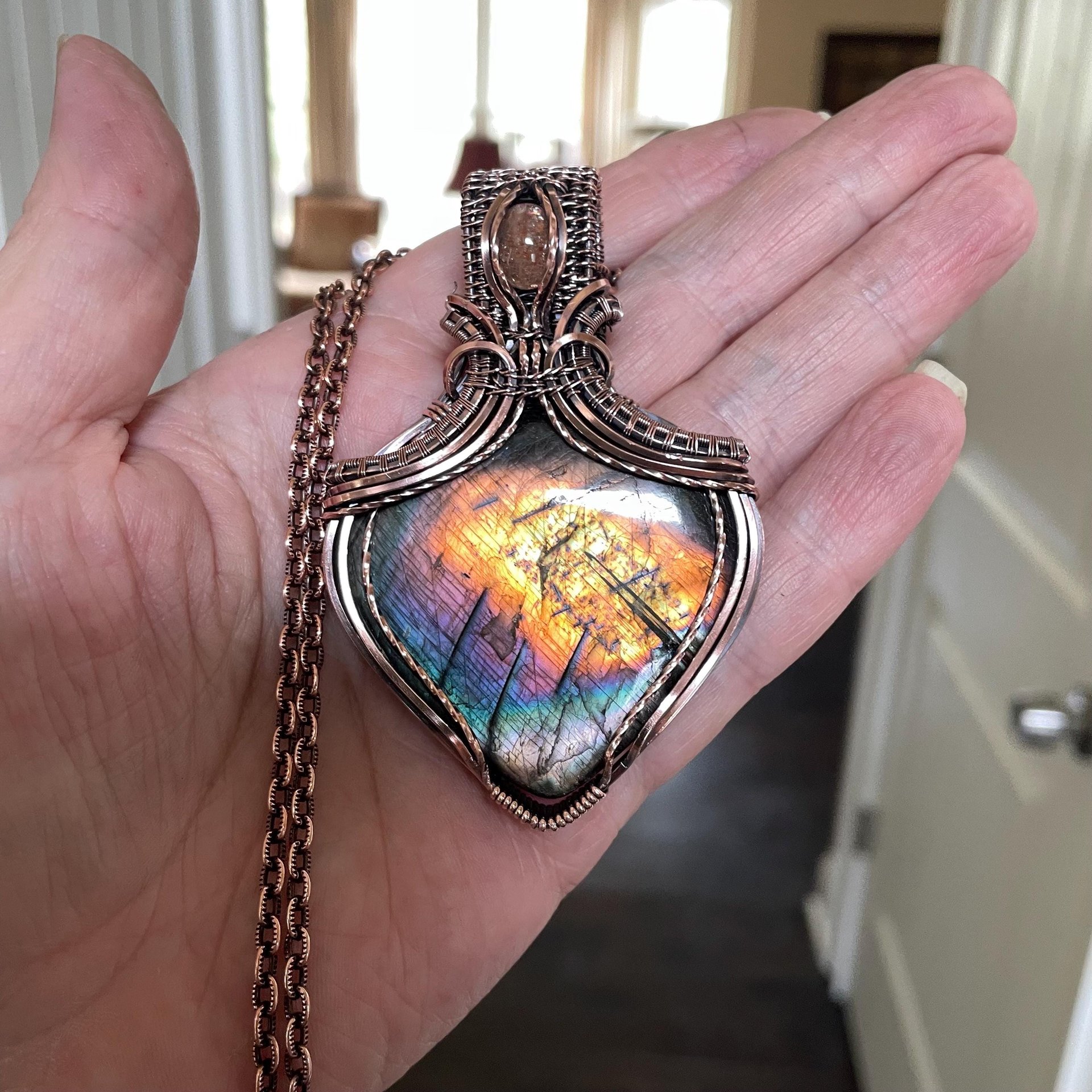 Orange Rainbow Labradorite & Sunstone Copper Necklace with Weaving