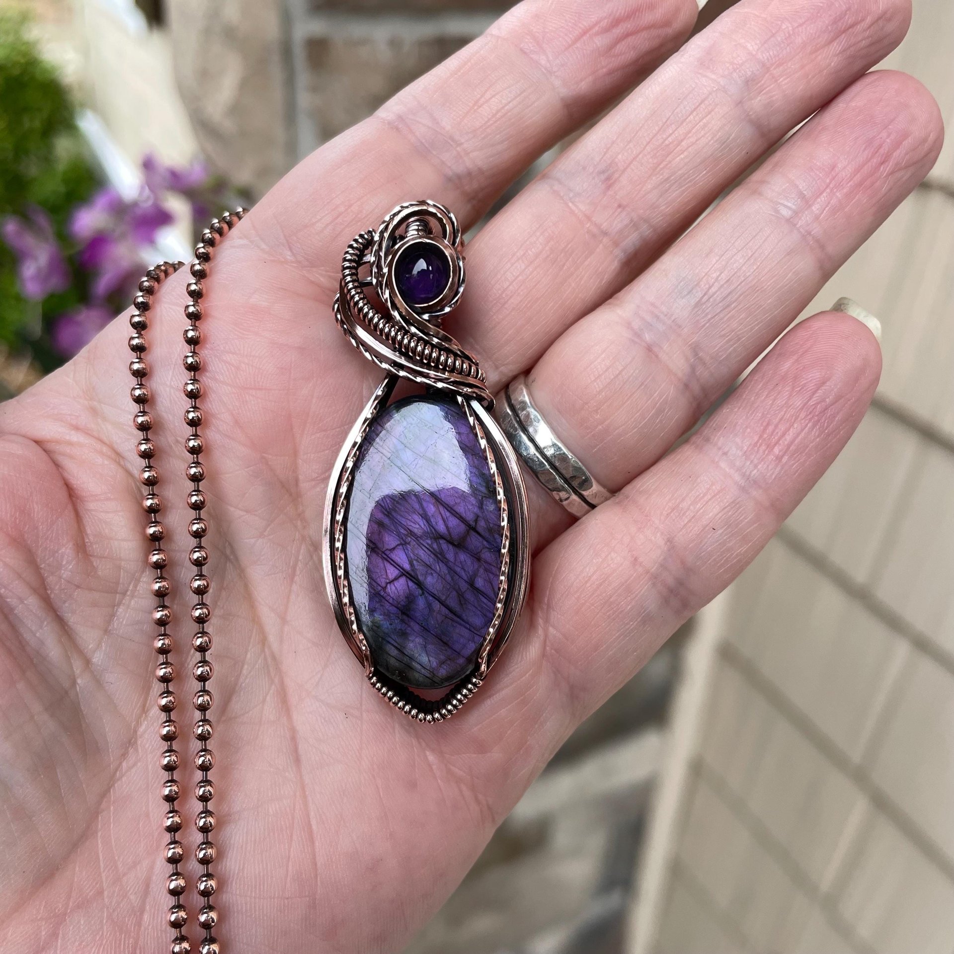 Purple Labradorite & Amethyst Oval Copper Pendant