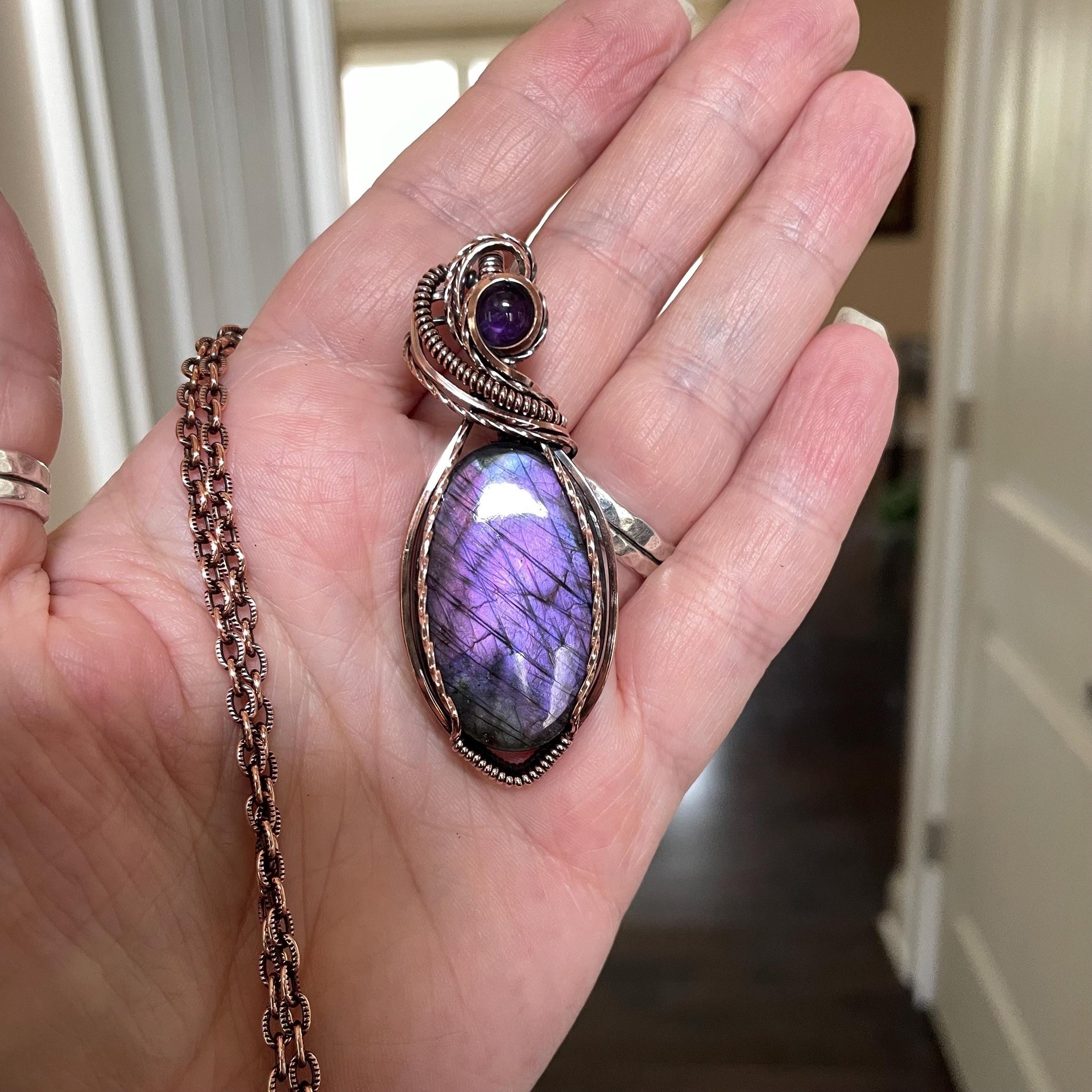 Purple Labradorite & Amethyst Oval Copper Pendant