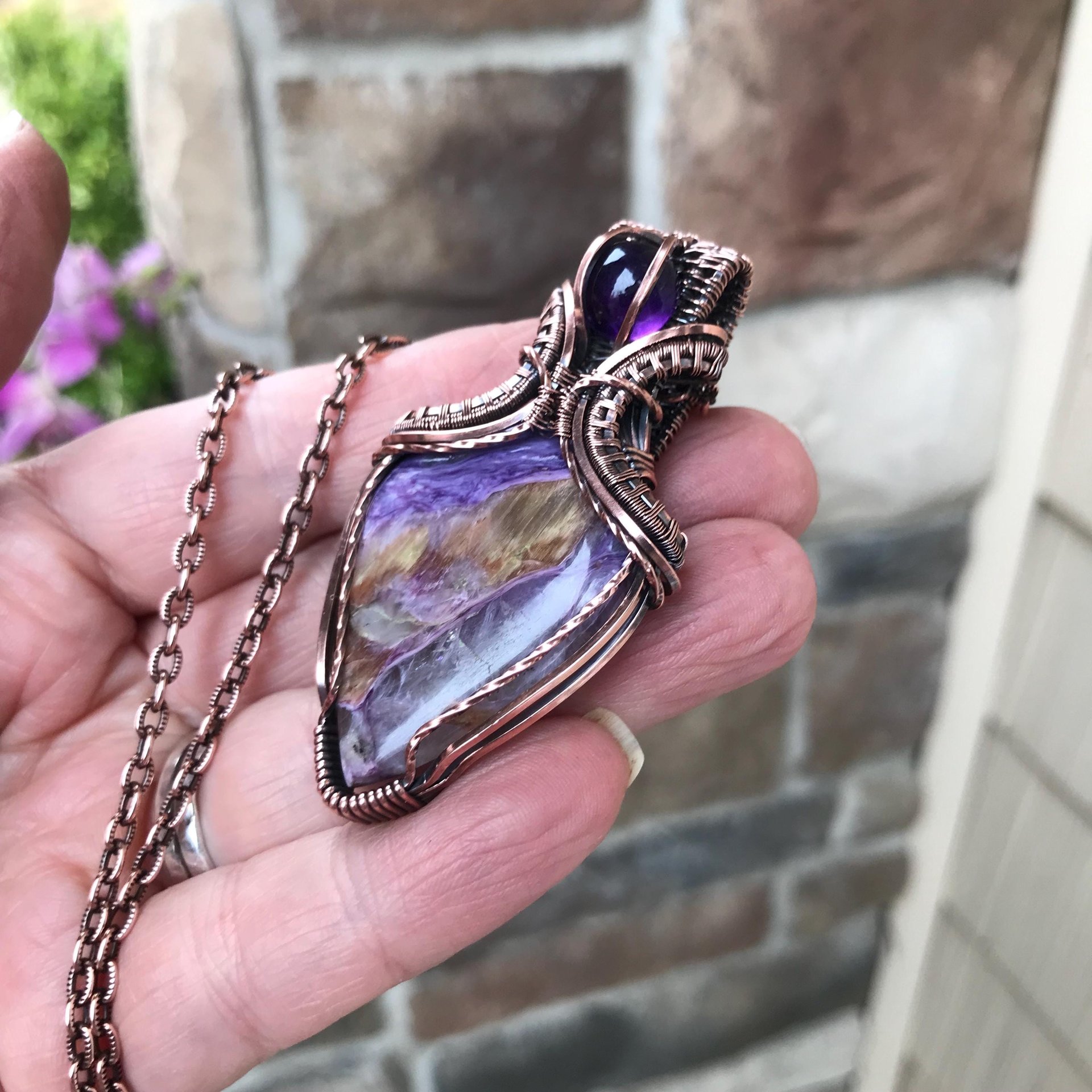 Charoite & Amethyst Copper Pendant with Woven Bail
