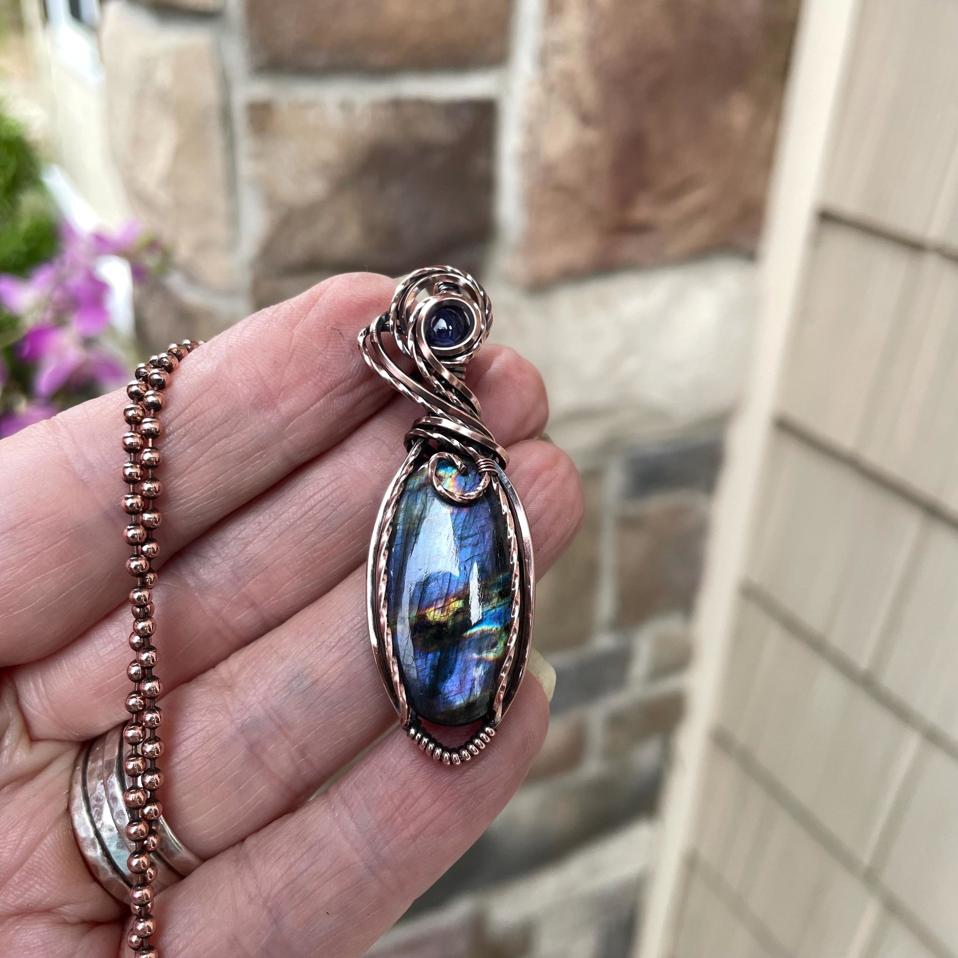Purple Labradorite & Iolite Small Copper Penddant