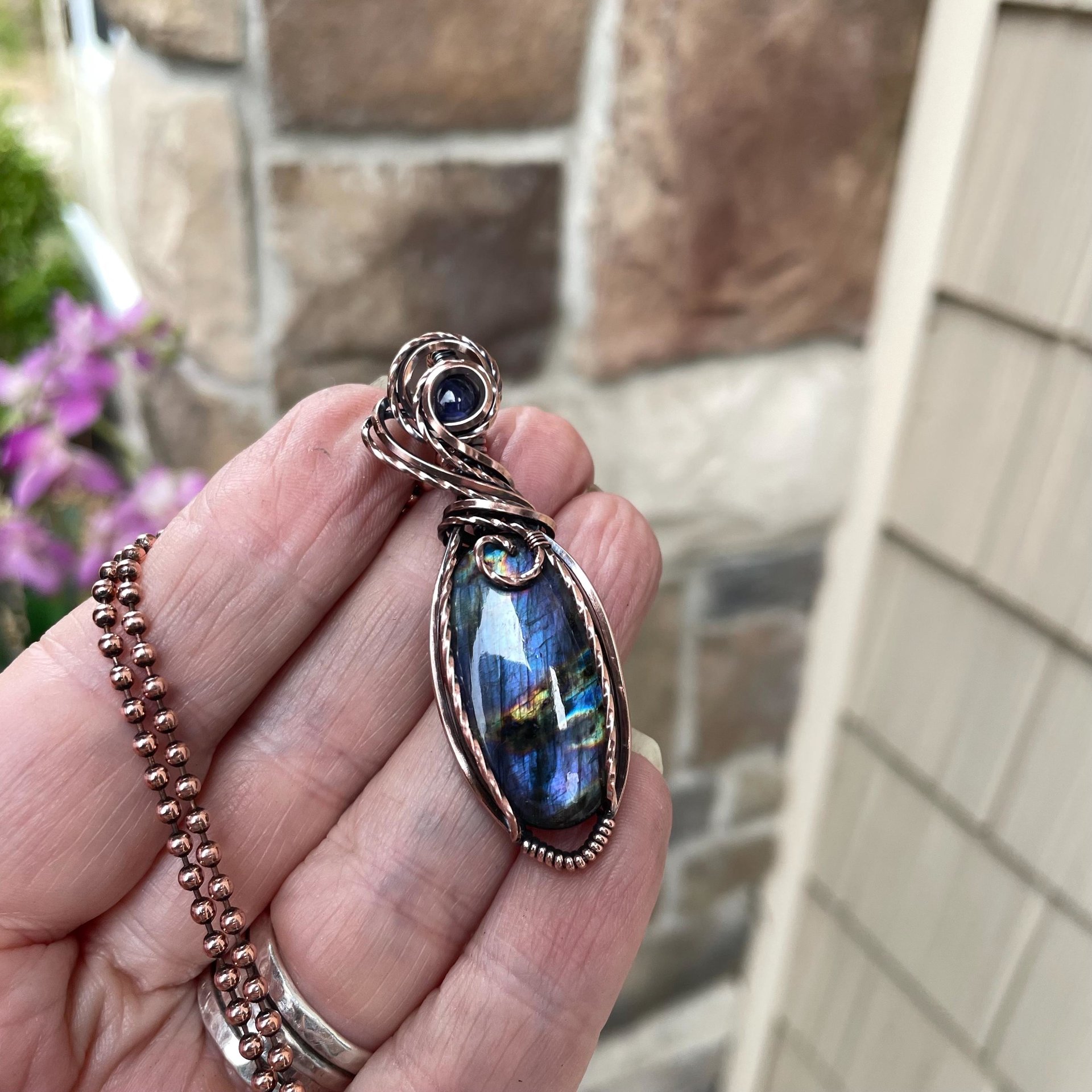 Purple Labradorite & Iolite Small Copper Penddant