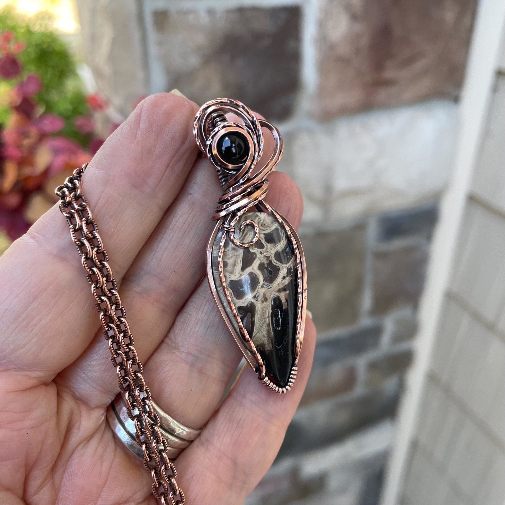 Petrified Palm Wood & Smoky Quartz Copper Pendant