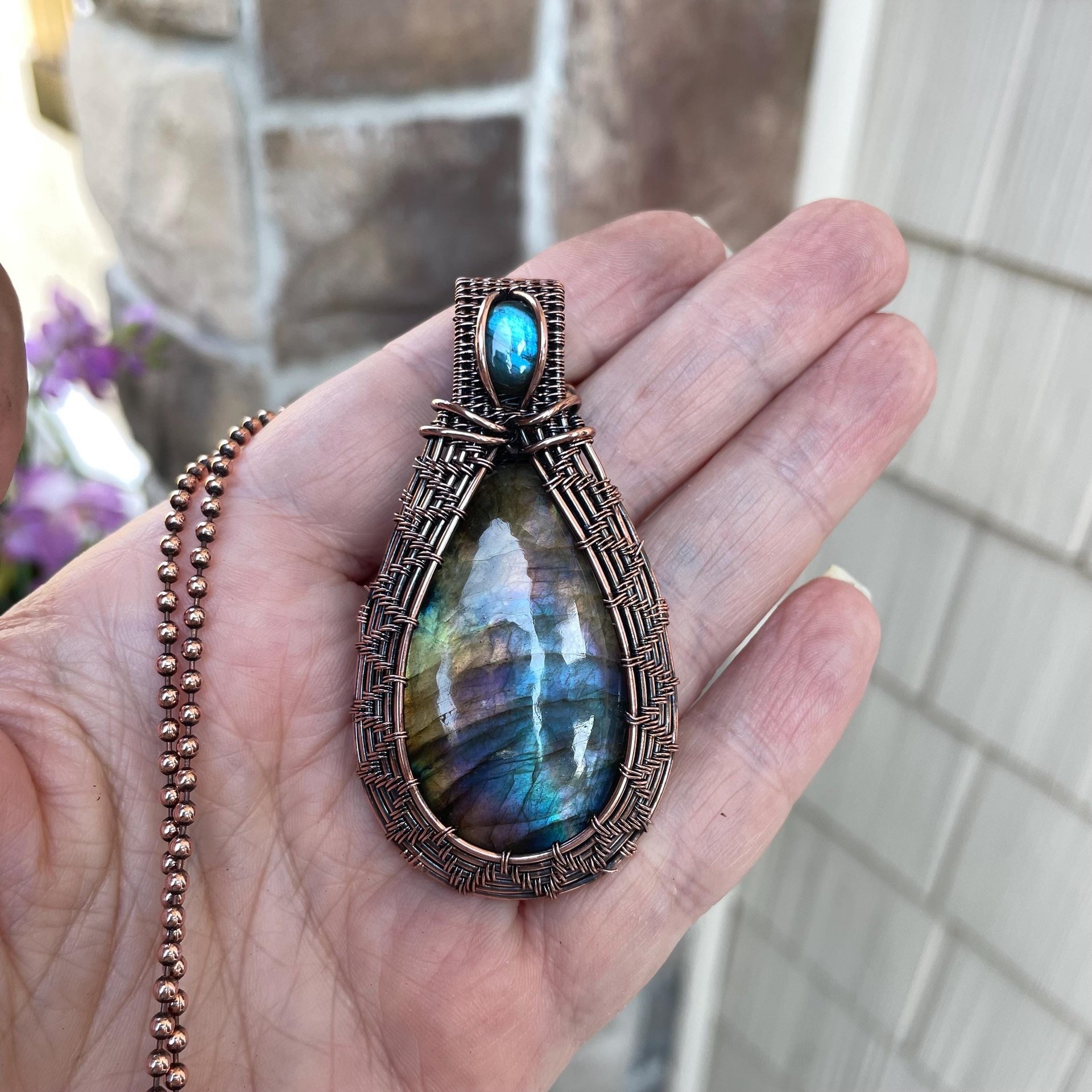 Blue Rainbow Labradorite Woven Pendant