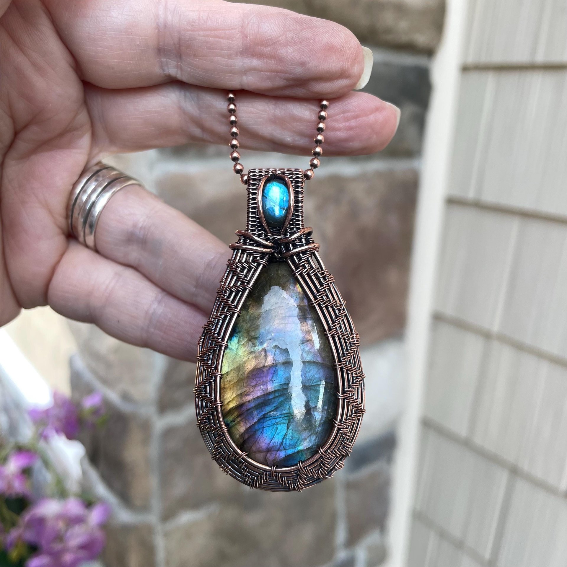 Blue Rainbow Labradorite Woven Pendant