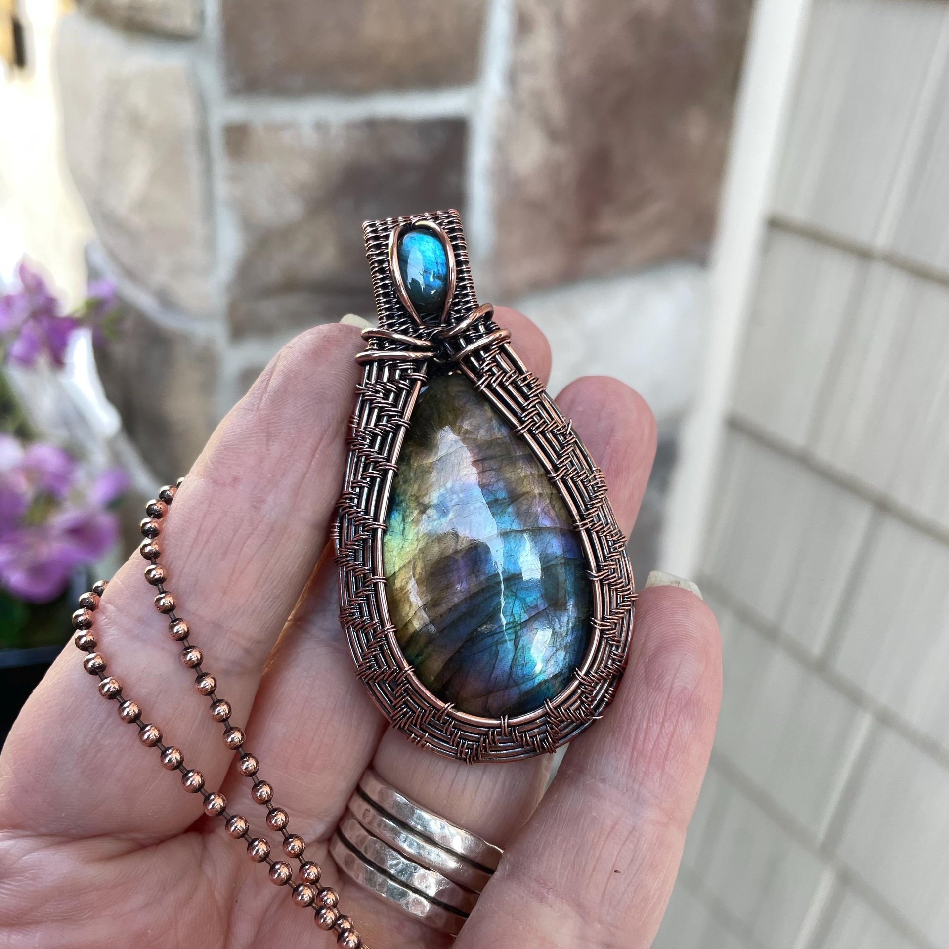 Blue Rainbow Labradorite Woven Pendant