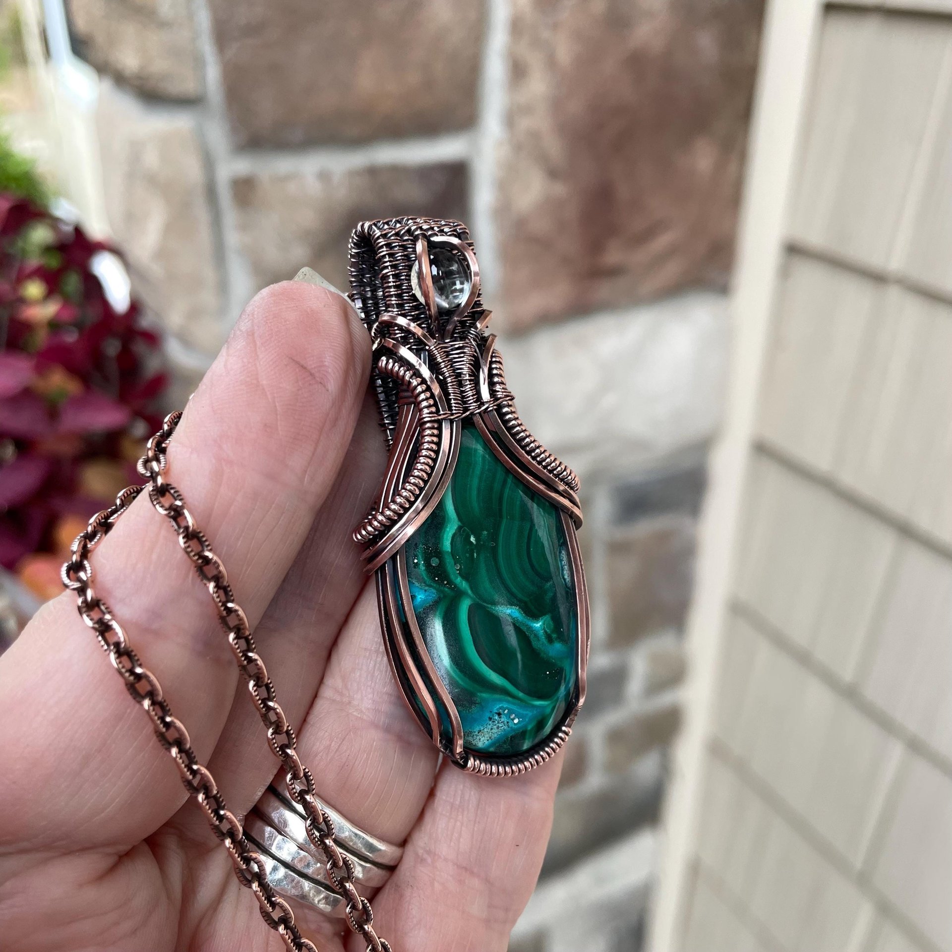 Malachite Chrysocolla & Prasiolite Copper Pendant with Weaving