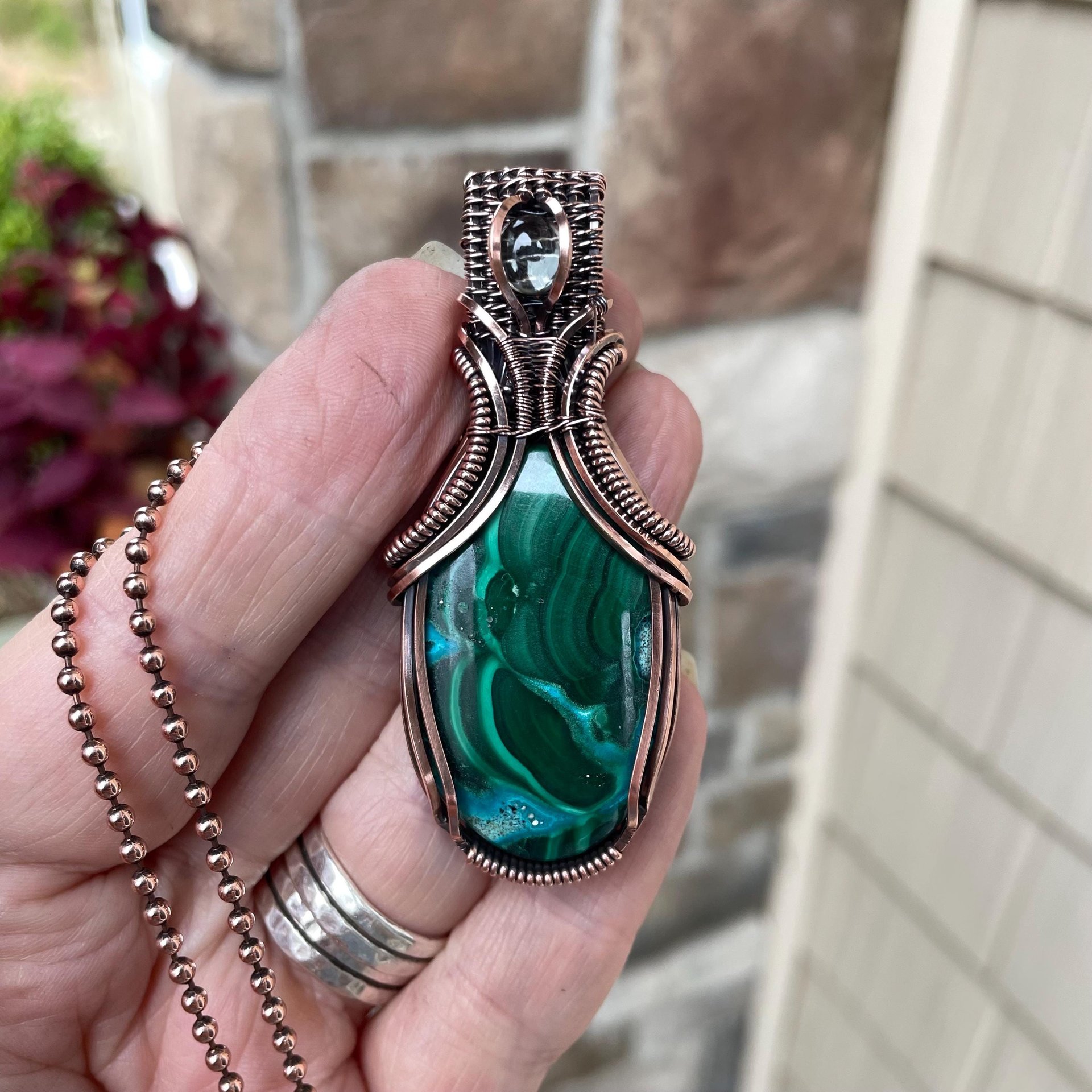 Malachite Chrysocolla & Prasiolite Copper Pendant with Weaving
