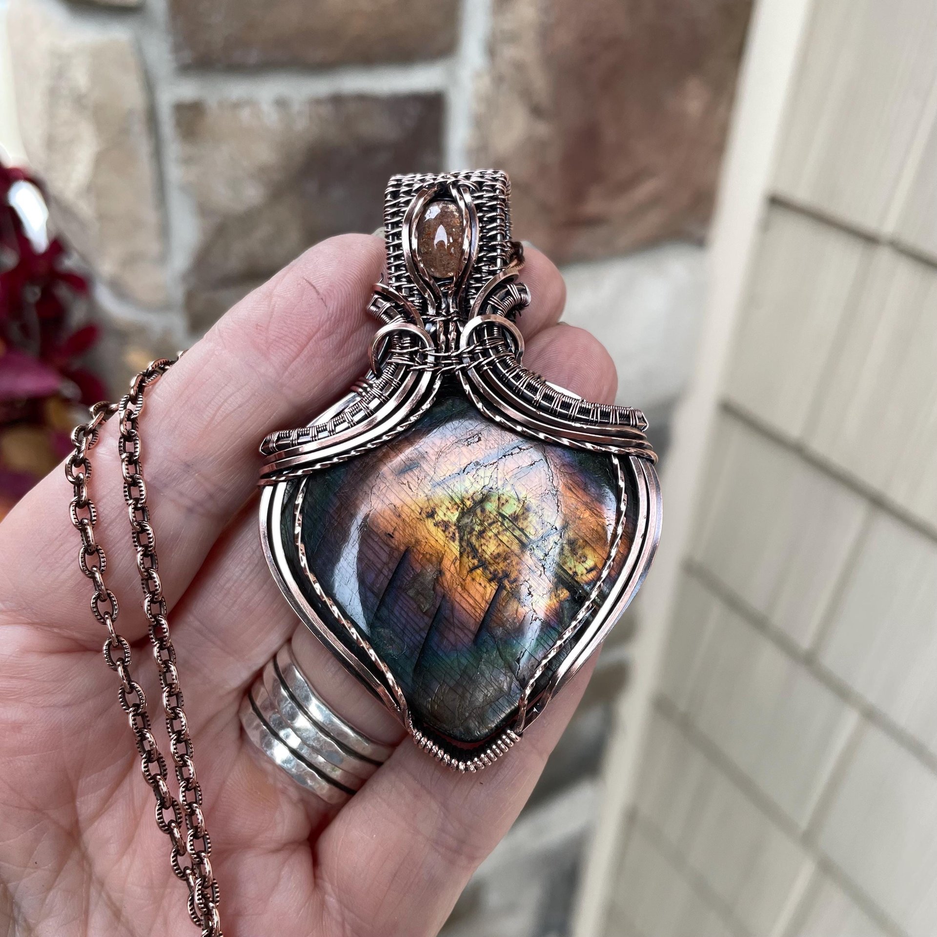 Orange Rainbow Labradorite & Sunstone Copper Necklace with Weaving