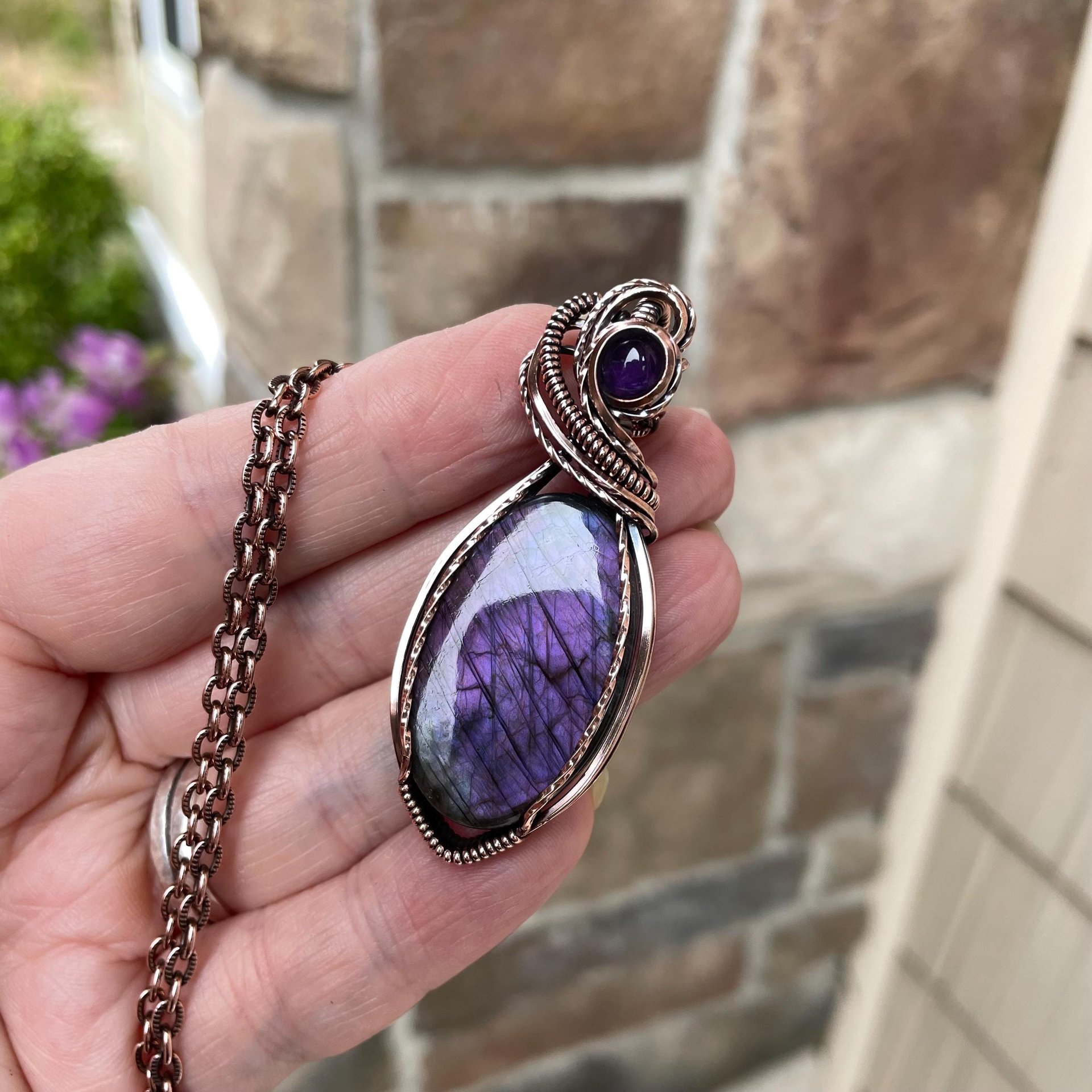 Purple Labradorite & Amethyst Oval Copper Pendant